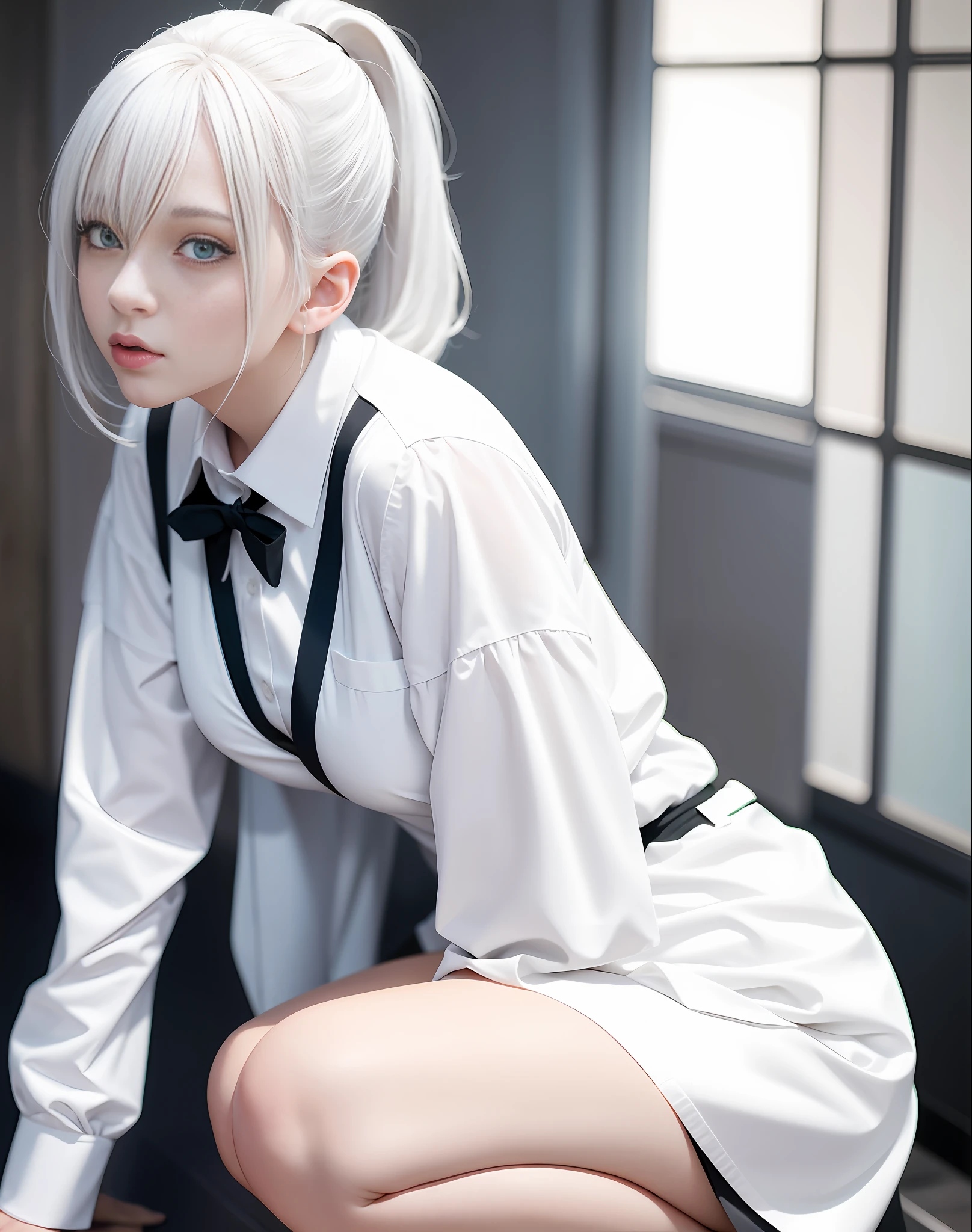 there is a woman in a skirt and a white shirt posing, perfect white haired girl, hyperrealistic schoolgirl, a hyperrealistic schoolgirl, white haired, 2b, 2 b, beautiful anime girl squatting, white-haired, anime girl cosplay, the anime girl is crouching, shikamimi, realistic young gravure idol, lit from behind