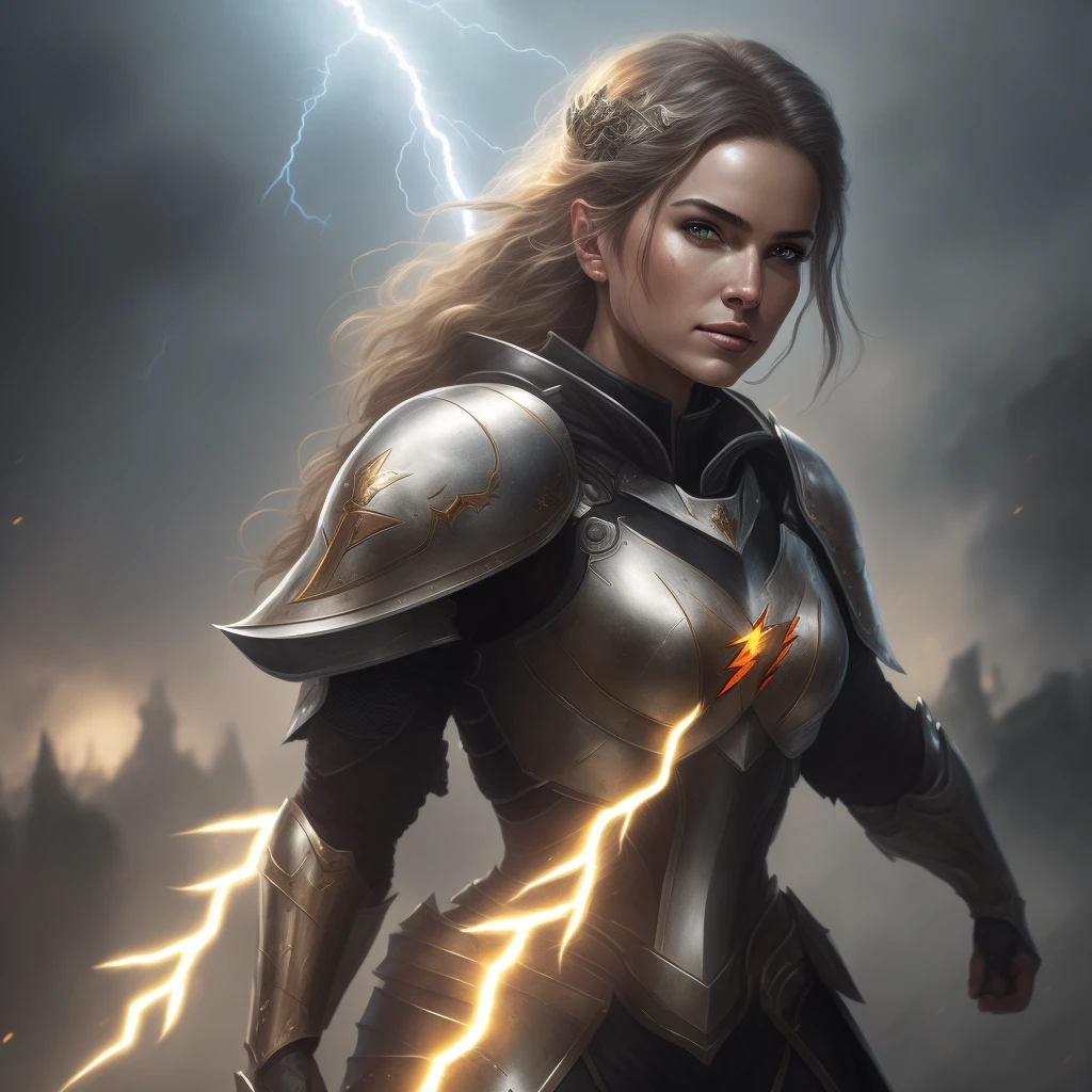 arafed image of a woman in armor with lightning in the background, portrait of female paladin, beautiful female knight, graphic artist magali villeneuve, of a beautiful female knight, portrait knight female, fantasy paladin woman, picture of female paladin, female knight, gorgeous female paladin, inspired by Magali Villeneuve