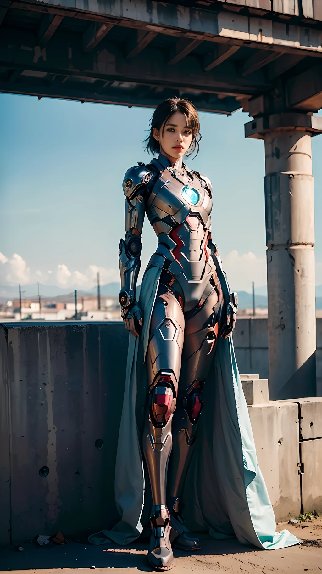 Realistic movie scene of a 20-year-old woman standing full body in a cyberpunk barren with stunning cloudscapes. (wearing an Iron Man mech) on her insanely complex anatomically adapted (graphene: 1.1) biomechanically symmetrical arms and biomechanically symmetric legs. Extremely detailed, elegant and ornate symmetrical fractal detail with Kyanite gemstone. Scene captured with bright soft natural light, dramatic shadows and beautiful vibrant colors. Romantic art style. 8k resolution image with cyberpunk style, intricate symmetrical details. The whole picture is indomitable and heroic. It is mainly a complete picture of a man standing with his whole body, smooth movements and confident expression.
