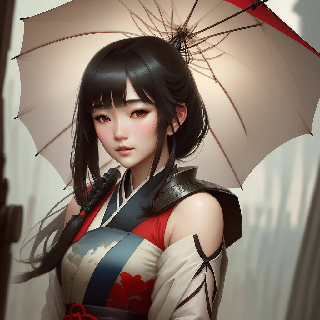 a close up of a person with a umbrella, shin hanga, shoulder length hair, ruan jia beautiful!, side fringe haircut, symetry!!