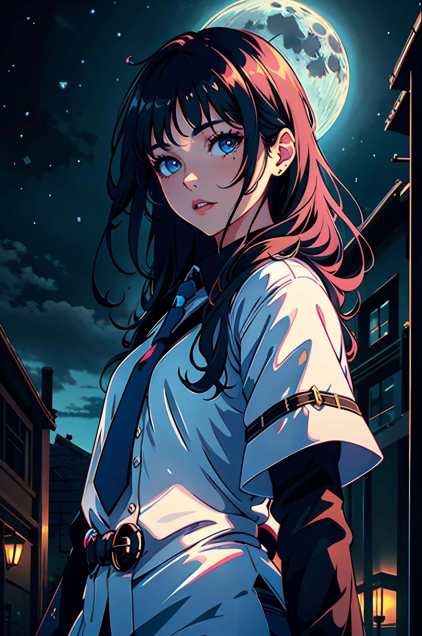 1 girl, casual clothes, princess, tie, gloves, outdoors, sky, full moon, rain, black hair, blue eyes, standing, night sky, sideways, reflection, long hair, cloudy sky, {{(artwork teacher) , (extremely detailed CG unity 8k wallpaper), best quality, solo, 1 girl, cinematic lighting, detailed background, beautiful detailed eyes, bright pupils (extremely delicate and beautiful), (beautiful and detailed description of the eye) , ultra detailed, masterpiece,}},