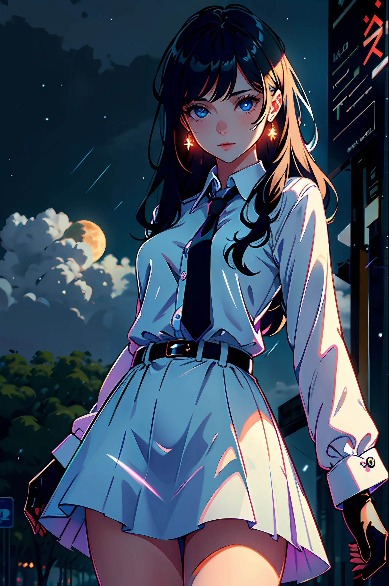 1 girl, casual clothes, princess, tie, gloves, outdoors, sky, full moon, rain, black hair, blue eyes, standing, night sky, sideways, reflection, long hair, cloudy sky, {{(artwork teacher) , (extremely detailed CG unity 8k wallpaper), best quality, solo, 1 girl, cinematic lighting, detailed background, beautiful detailed eyes, bright pupils (extremely delicate and beautiful), (beautiful and detailed description of the eye) , ultra detailed, masterpiece,}},