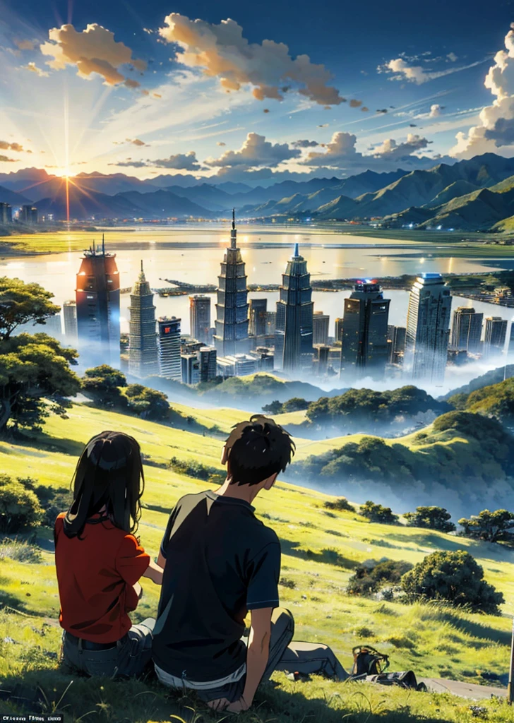 The vast and majestic skyline, the large sky occupies two-thirds of the picture, girls and boys in casual clothes sit side by side on the grassland, and the deserted city of Taiwan is in the distance
