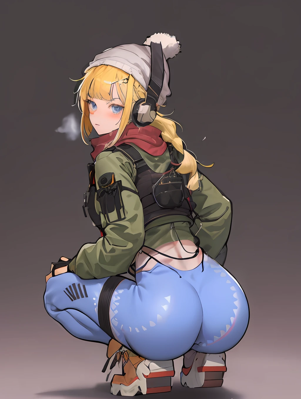 vhsKeeper, 1girl, solo, squatting, ass, hat, looking back, scarf, pants, bodysuit, long hair, headphones, bulletproof vest, looking at viewer