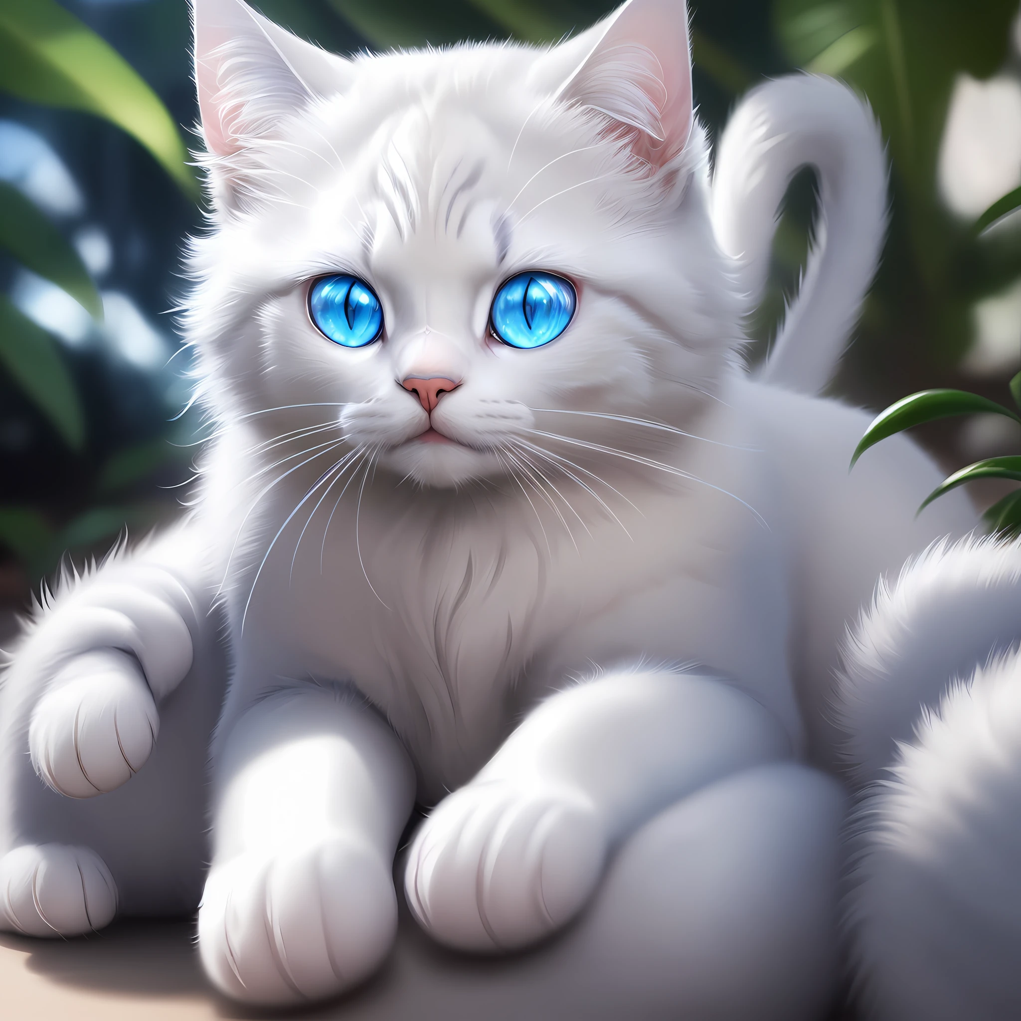 There is a realistic cat with white hair and blue eyes, in a clean and bright solid color background, with some Thai silver decorations on the body, bright eyes, cute digital painting, 8K, super realistic 3d painting art