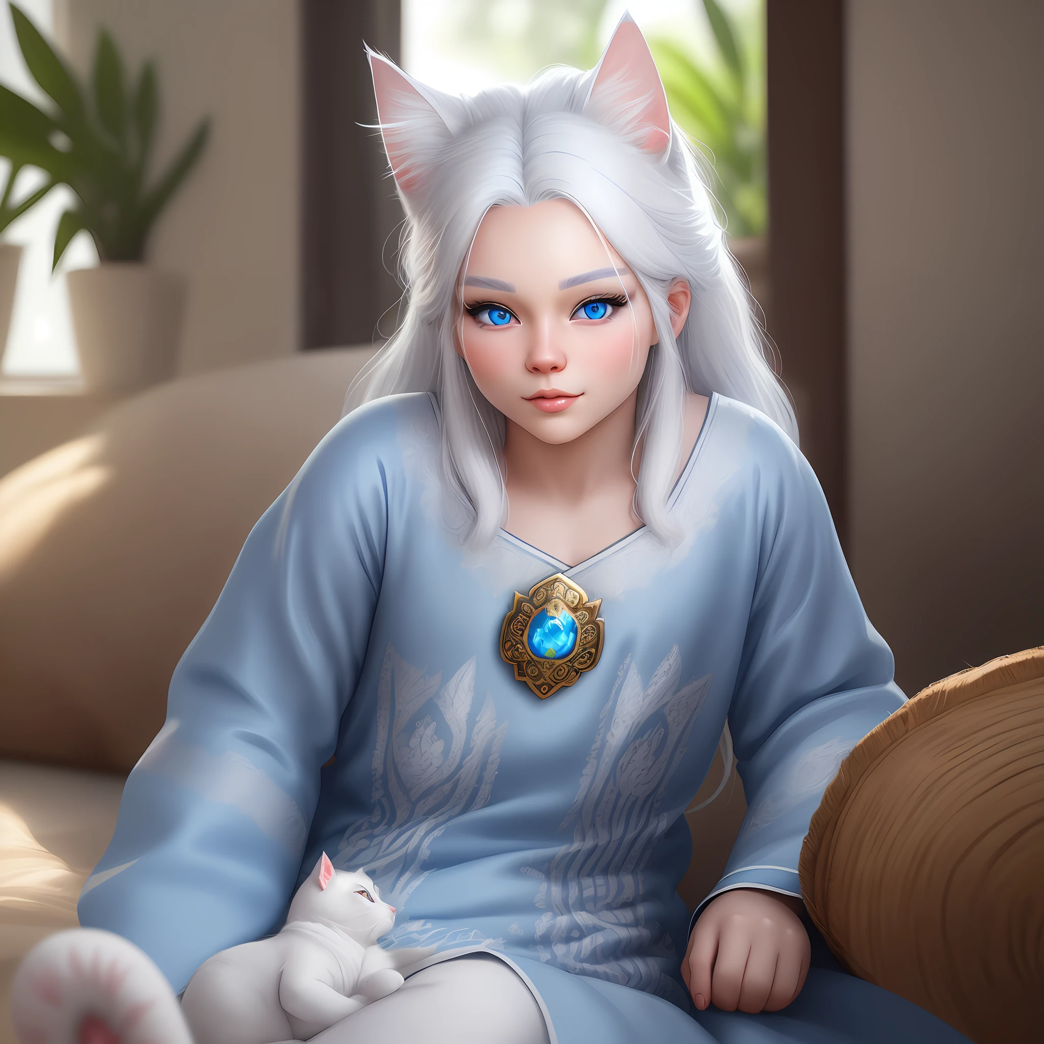 There is a realistic cat with white hair and blue eyes, in a clean and bright solid color background, with some Thai silver decorations on the body, bright eyes, cute digital painting, 8K, super realistic 3d painting art