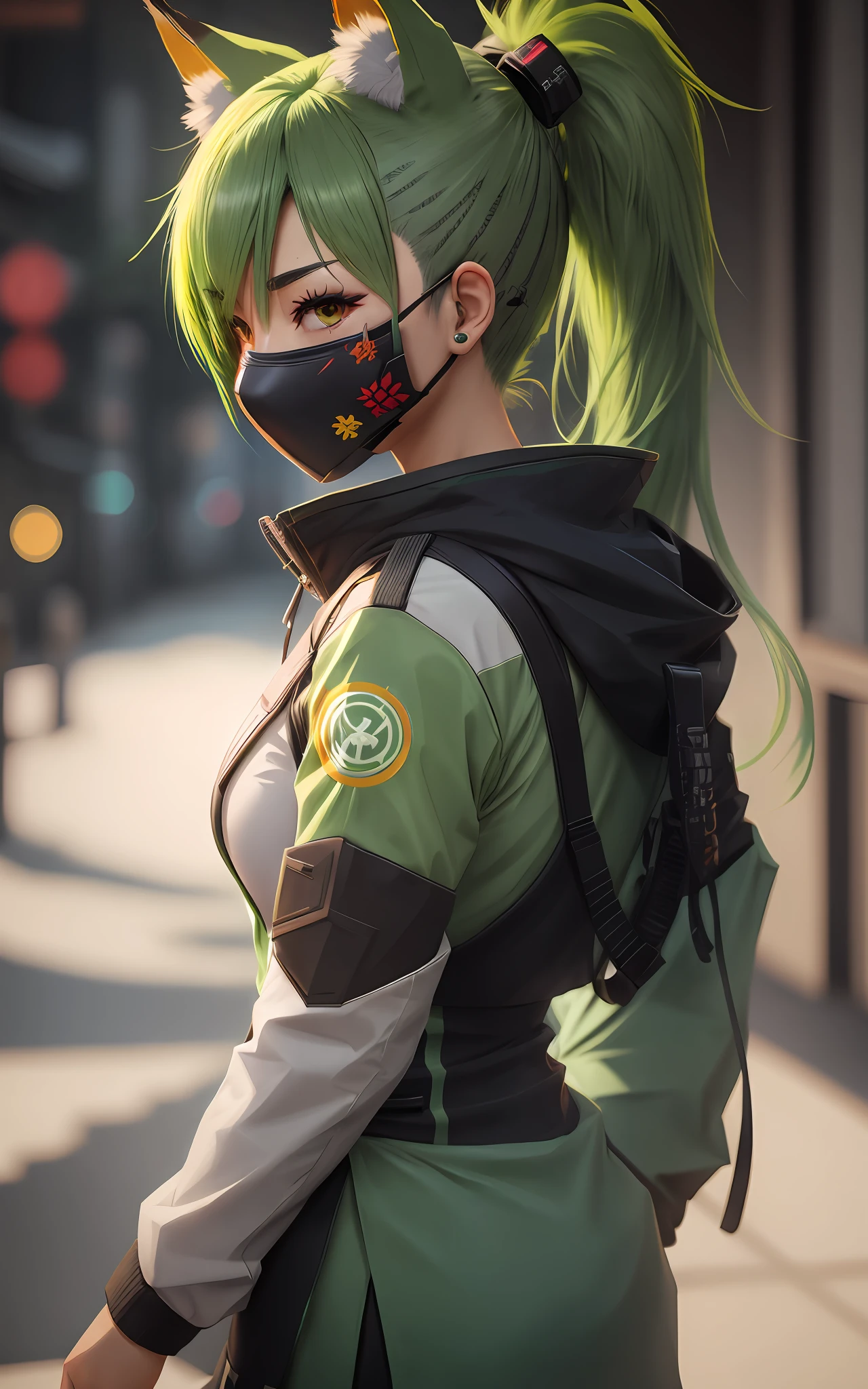 kiriko \(overwatch\), green hair, ponytail, facial mark, fox mask, half mask