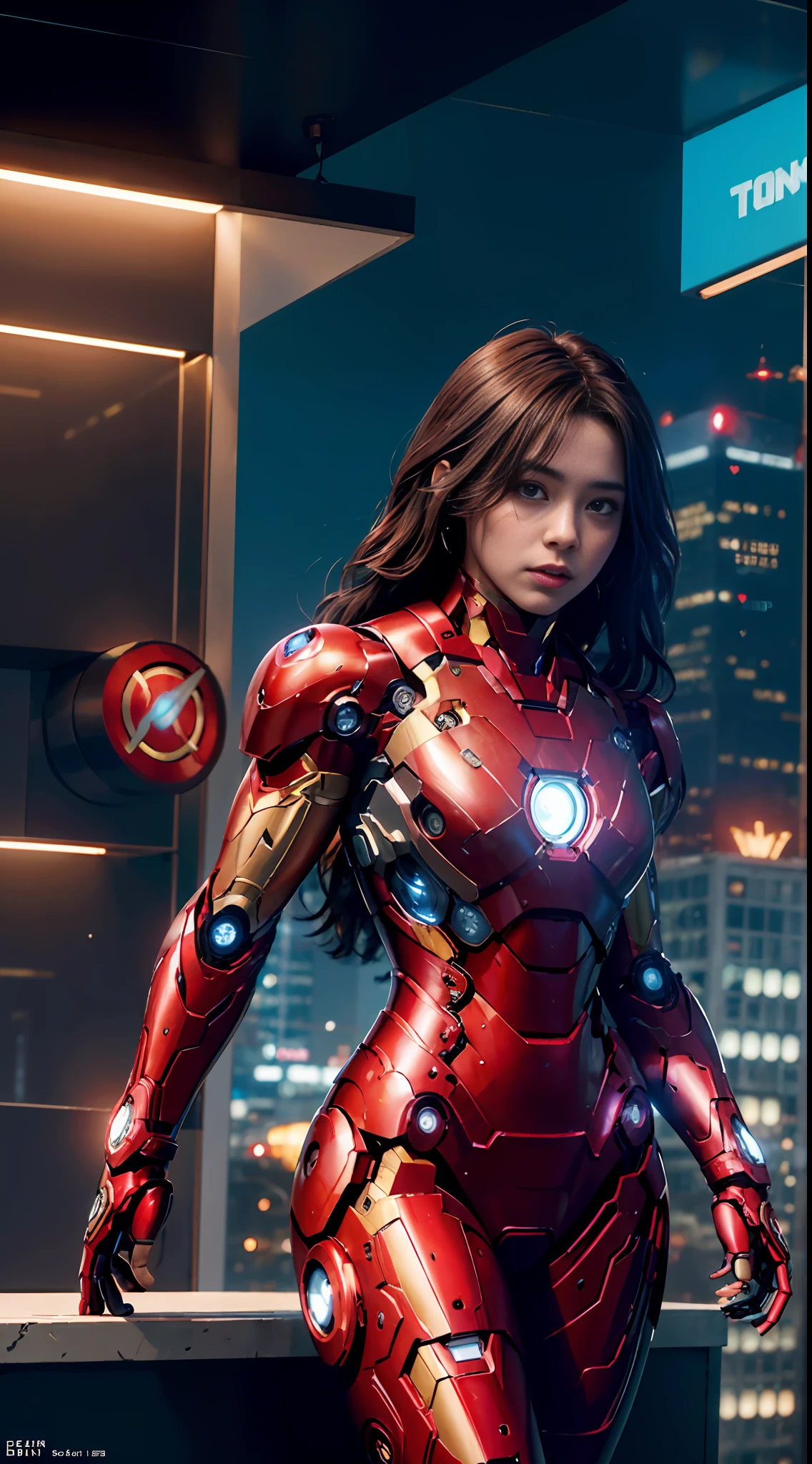 4k, realistic, attractive, very detailed, a 20 year old girl in an Iron Man costume, she is Iron Man, superhero theme, black long hair, 25 years old, full body, ray traced image of Arthur Pan, trending on Artstation, Digital art, cyberpunk iron man, like iron man, cyber suit, intricate glowing mecha armor, battle damaged iron man suit, sci-fi suit, armor glowing lights, red and cinematic lights, dramatic shadows and beautiful vibrant colors The color captures the scene.Romantic Art Style, Intricately detailed woman, Intricately detailed woman