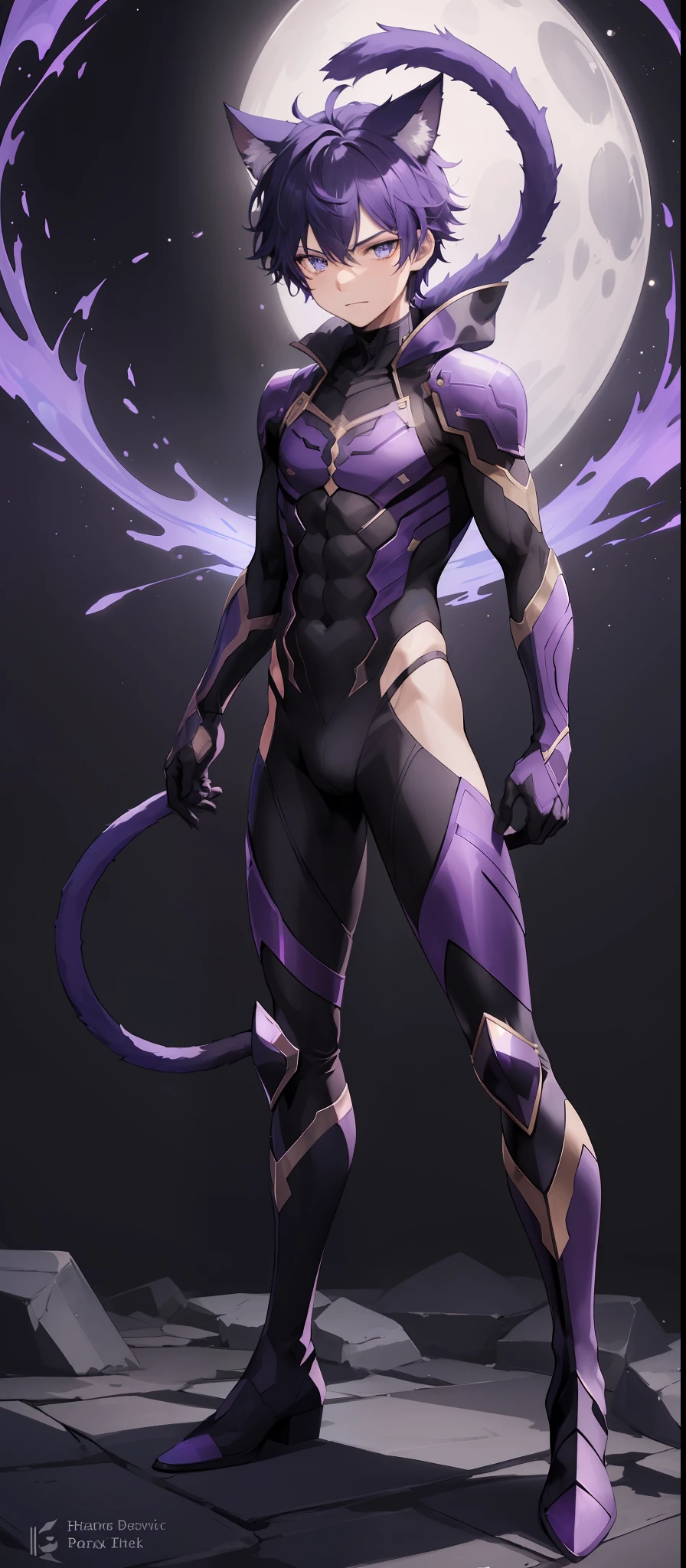 1boy, toned, sharp cat ears, cat tail, dark purple messy hair, wide dark blue eyes, cosmic powers, HD, masterpiece, vibrant, black boots, dead expression, slim purple armor, full body view