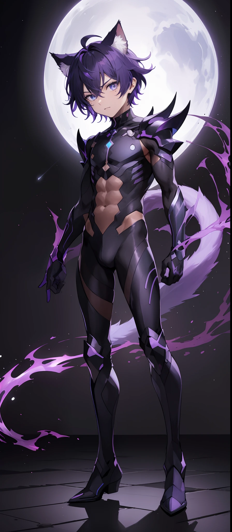 1boy, toned, sharp cat ears, cat tail, dark purple messy hair, wide dark blue eyes, cosmic powers, HD, masterpiece, vibrant, black boots, dead expression, slim purple armor, full body view