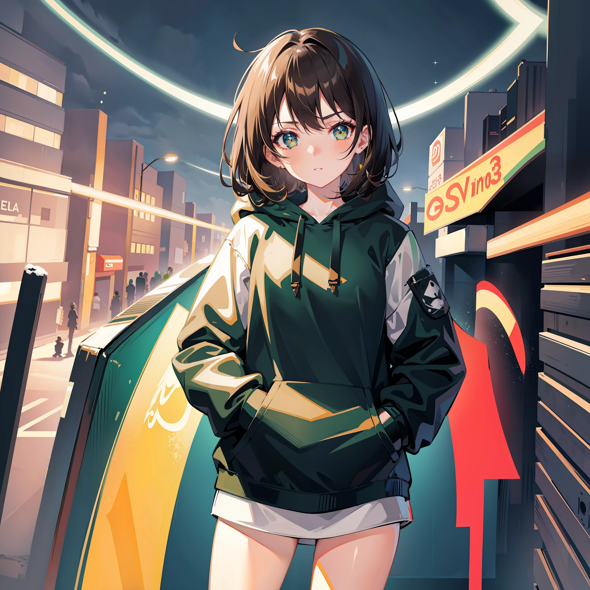 anime girl wearing a black hoodie, upper body, hands in pockets, dark blond-brown short hair, grey-green eyes, serious tsundere, snow, digital anime art, high quality anime style, high detail, glitter eyes, shiny hair