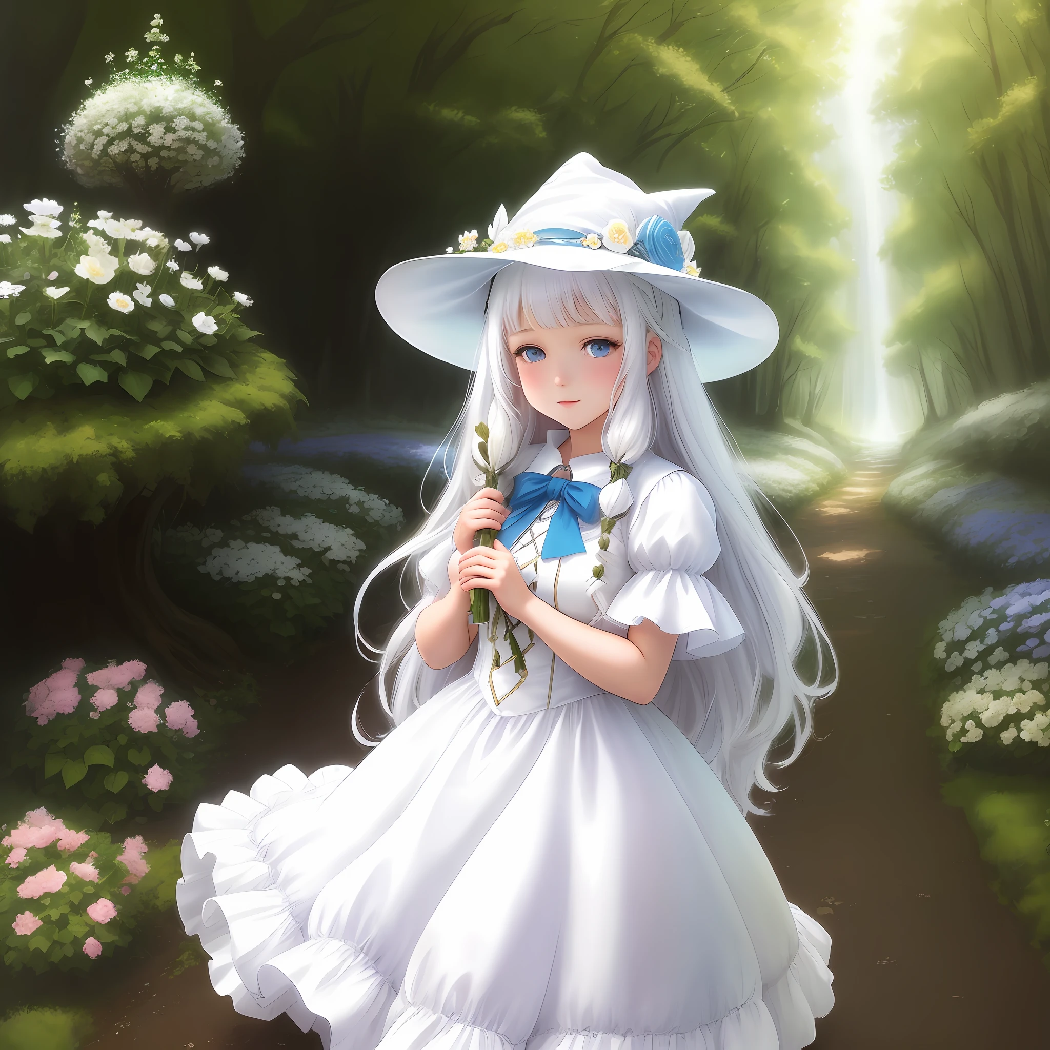 High definition, high definition, 1girl, fantasy, anime girl in a white dress and white hat standing in a flower garden, fluffy white dress, long fluffy hair, platinum hair, blue eyes, bright witch, cute round face, charming witch, witch girl, witch fairy tale, forest witch, log cabin, anime moe art style, magical girl