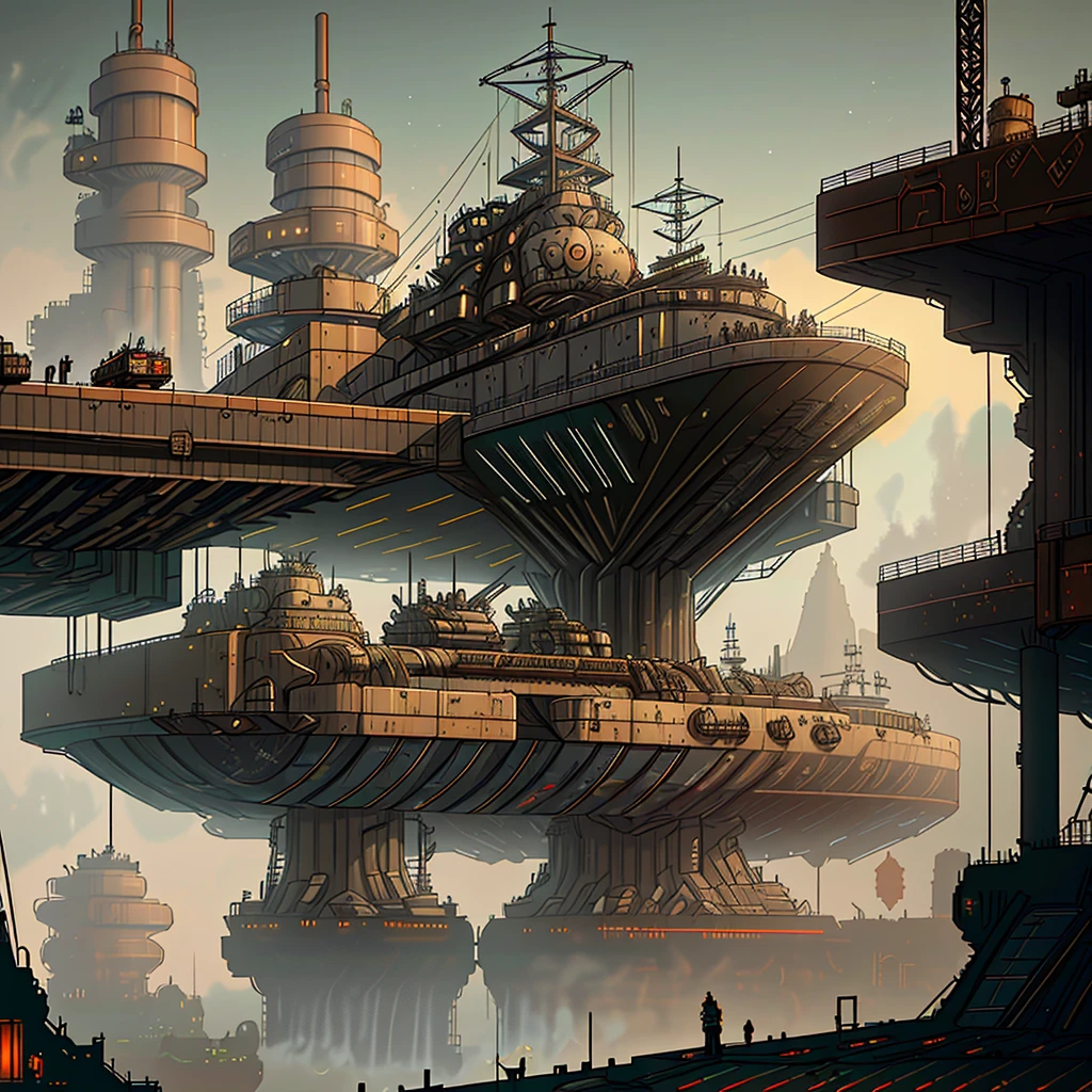 mdjrny-v4 style orbital shipyard, dieselpunk aircraft derelict,Mechanical assembly line, automation, industrial, steampunk, atompunk,dieselpunk,red, brown,  gray, faded, dirty, smoke, crisp, detailed textures, articulation, molten metal, massive scale, factory floor, conveyor belts,