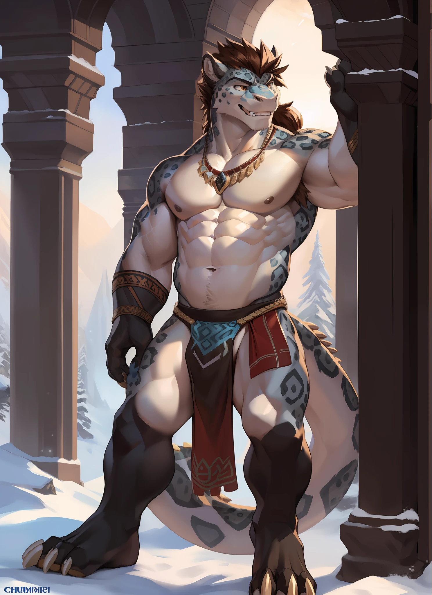 uploaded on e621, (male anthro snow leopard), standing, solo, muscle, detailed fur texture, (tribal clothing, ((long loincloth))), white body, dragon scale belly, dawn, shaded, dim environment, (art by chunie, (drakgem), ((rakisha)), (kontanagamori)), (front view), looking pleasured, [detailed background], detailed pupils, masterpiece artwork, caustics, rim lighting, single light source, sharp shadows, solo portrait, (digitgrade, toe claw), (snow leopard), by inessa garmash, greg rutkowski, pino daeni, ruan jia, brown eyes, curl hornes behinde ears, pony tail brown hair, dragon scalie black calf, dragon scalie black forearm