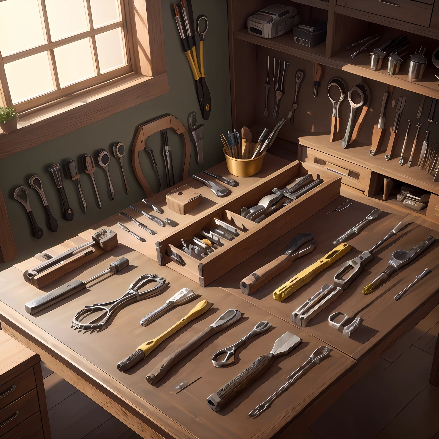a table full of tools, organized, realstic, 8k