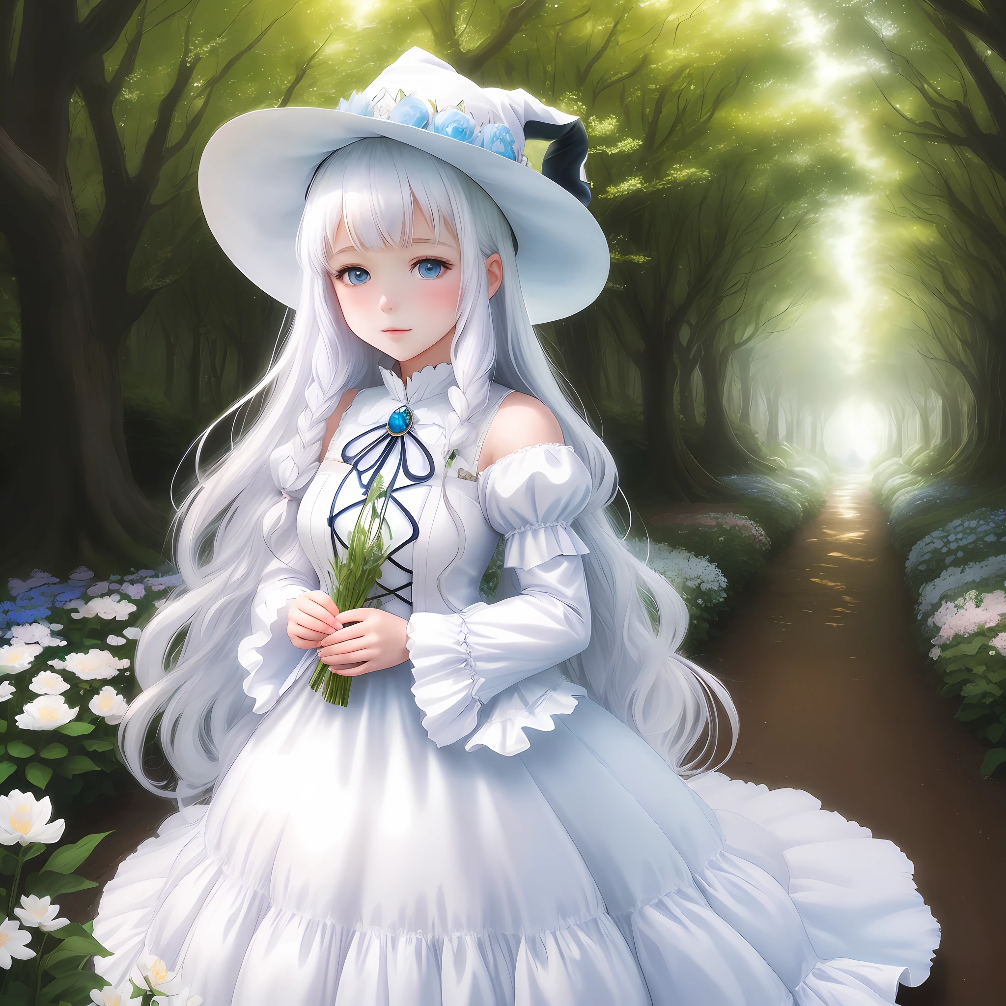 High definition, high definition, 1girl, fantasy, anime girl in a white dress and white hat standing in a flower garden, fluffy white dress, long fluffy hair, platinum hair, blue eyes, bright witch, cute round face, charming witch, witch girl, witch fairy tale, forest witch, log cabin, anime moe art style, magical girl
