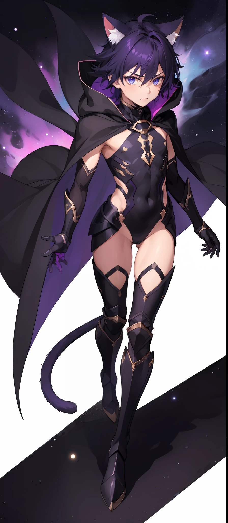 1boy, toned, sharp cat ears, cat tail, dark purple messy hair, wide dark blue eyes, cosmic powers, HD, masterpiece, vibrant, black boots, dead expression, slim purple armor, full body view, black cape