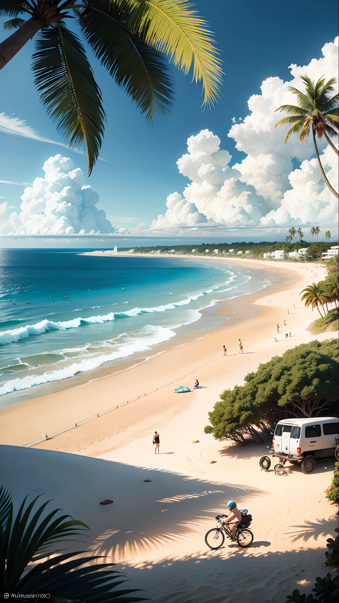 there is a bike parked on the beach next to palm trees, beach in the foreground, beach trees in the background, by Romain brook, in a beachfront environment, sunny day at beach, sandy beach, playing soccer at the beach, playing soccer on the beach, the beach, beach is between the two valleys, near the beach, by Nándor Katona