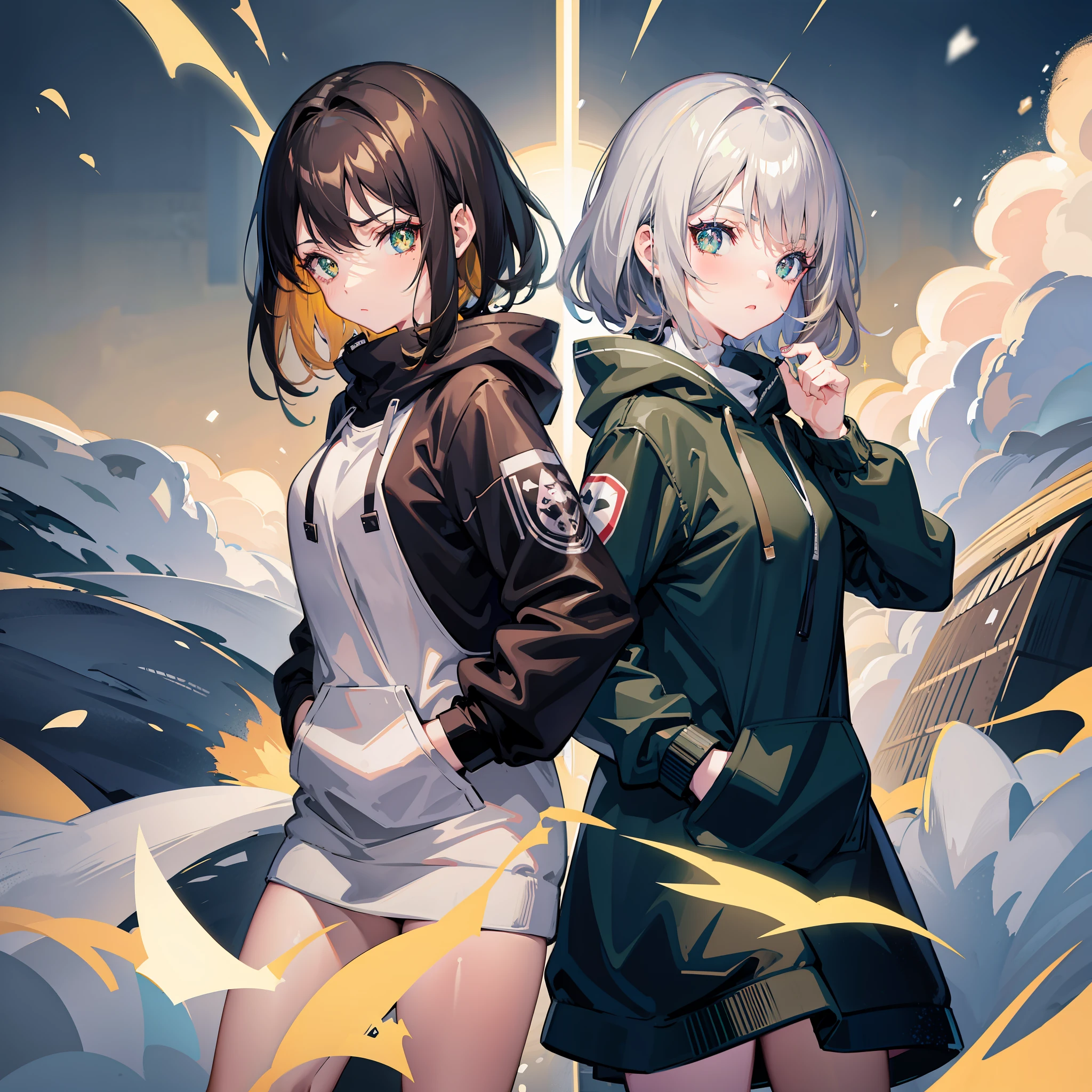 anime girl wearing a black hoodie, hands in pockets, dark blond-brown short hair, grey-green eyes, serious tsundere, (snow) city background, masterpiece portrait, digital anime art, high quality anime style, high detail, glitter eyes, shiny hair