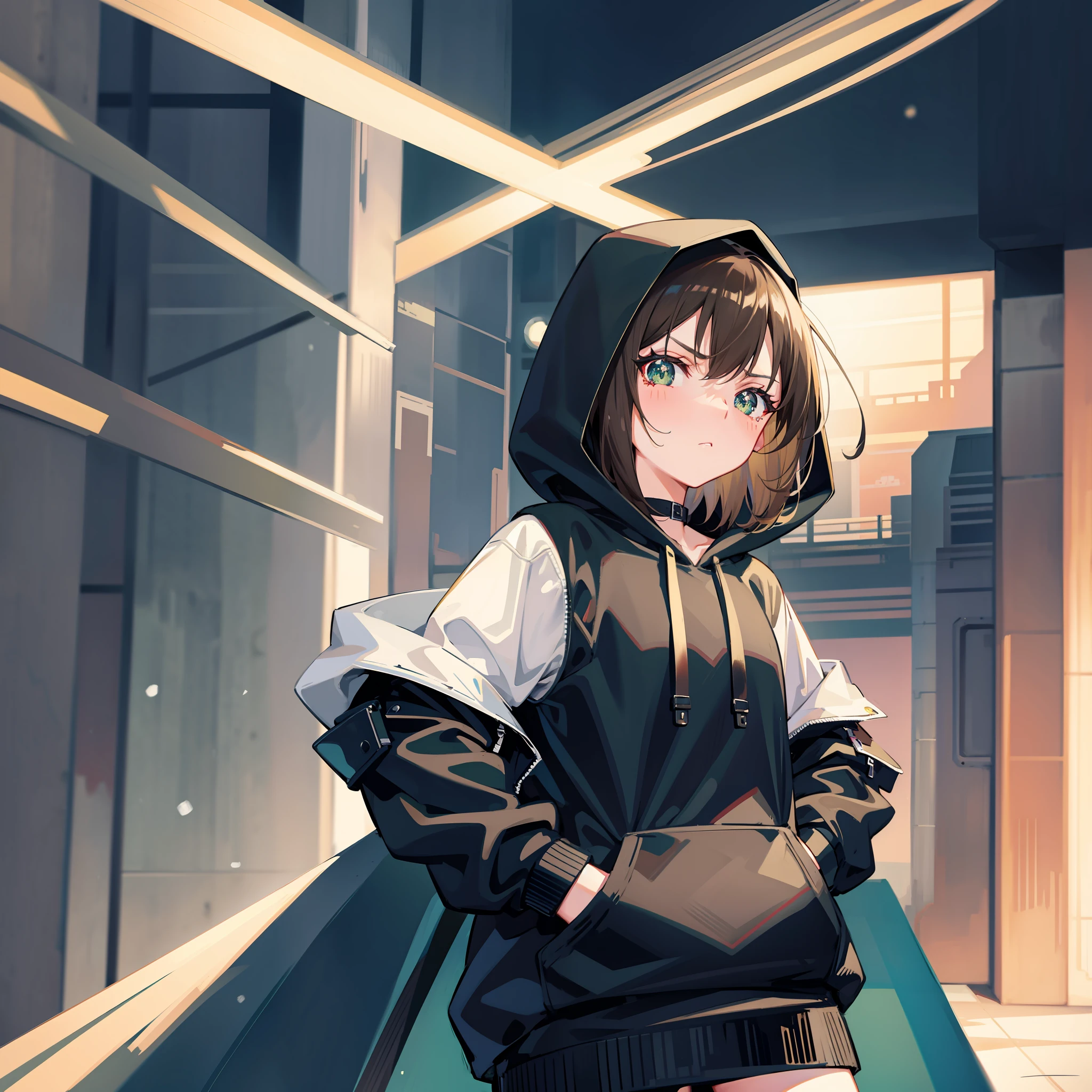anime girl wearing a black hoodie, hands in pockets, dark blond-brown short hair, grey-green eyes, serious tsundere, (snow) city background, masterpiece portrait, digital anime art, high quality anime style, high detail, glitter eyes, shiny hair