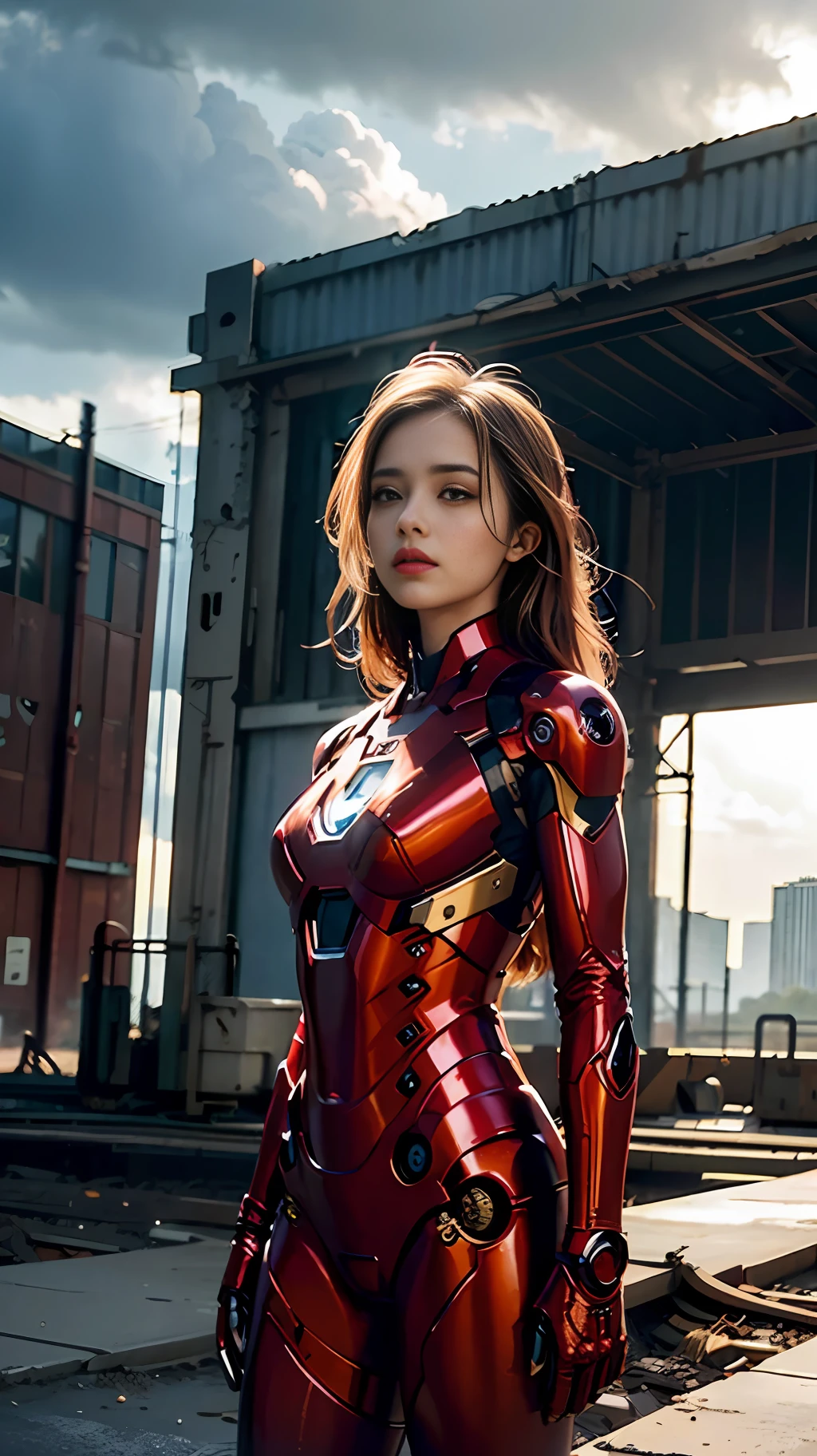 8k, realistic, attractive, highly detailed, a 20 year old girl a sexy and attractive woman inspired by Iron Man wearing a shiny Iron Man mech. She dresses with sexiness and confidence, perfectly interpreting Iron Man&#39;s strength and charisma. The abandoned warehouse serves as a backdrop, creating a unique atmosphere that highlights her bravery and perseverance. The cloudy sky adds a sense of tension and mystery to the whole scene. This high-definition, high-quality picture will bring you a shocking visual experience. The detailed abandoned warehouse and shiny mechs will keep your eyes on you. oc rendering, dramatic lighting, award winning quality