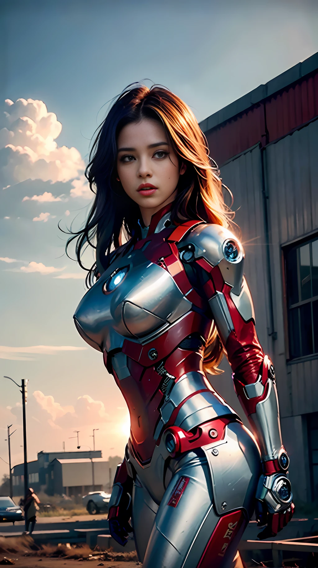 8k, realistic, attractive, highly detailed, a 20 year old girl a sexy and attractive woman inspired by Iron Man wearing a shiny Iron Man mech. She dresses with sexiness and confidence, perfectly interpreting Iron Man's strength and charisma. The abandoned warehouse serves as a backdrop, creating a unique atmosphere that highlights her bravery and perseverance. The cloudy sky adds a sense of tension and mystery to the whole scene. This high-definition, high-quality picture will bring you a shocking visual experience. The detailed abandoned warehouse and shiny mechs will keep your eyes on you. oc rendering, dramatic lighting, award winning quality