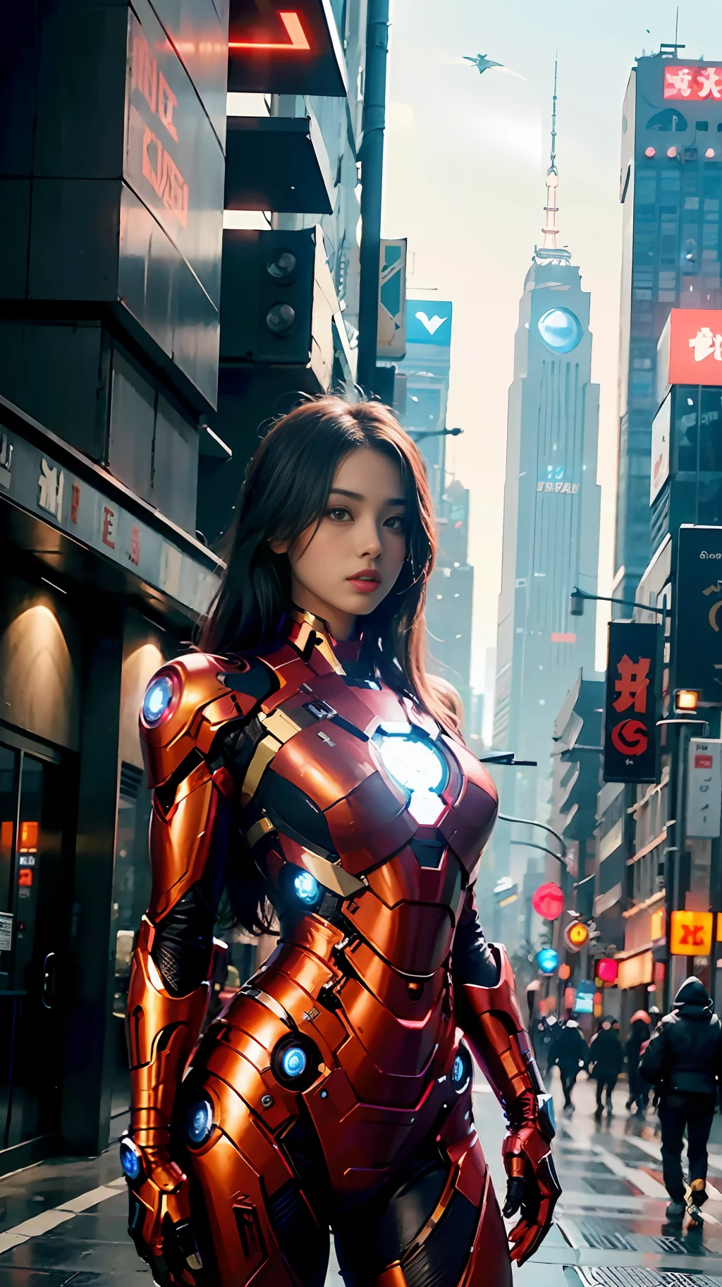 8k, realistic, attractive, highly detailed, a 20 year old girl a sexy and attractive woman inspired by Iron Man wearing a shiny Iron Man mech. She dresses with sexiness and confidence, perfectly interpreting Iron Man&#39;s strength and charisma. In a cyberpunk-style city night scene, a sexy and attractive woman takes Iron Man&#39;s cosplay as the theme. Wearing a shiny Iron Man mech, she stands on a street lined with tall buildings. The night lights of the city are bright, reflecting on her mecha, adding a sense of future technology. The surrounding buildings and streets are full of cyberpunk elements, such as neon lights, high-tech devices and futuristic architectural designs. The whole scene is full of futuristic and sci-fi atmosphere. This high-definition, high-quality picture will bring you stunning visual enjoyment, a perfect combination of sexy, futuristic and sci-fi elements. oc rendering, dramatic lighting, award winning quality