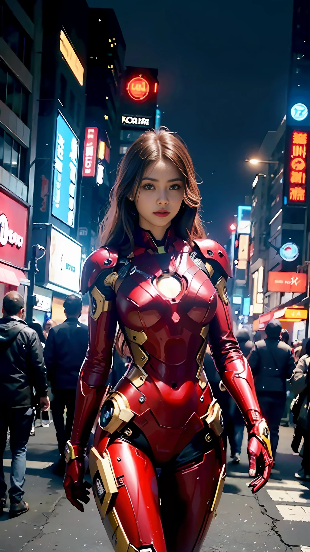 8k, realistic, attractive, highly detailed, a 20 year old girl a sexy and attractive woman inspired by Iron Man wearing a shiny Iron Man mech. She dresses with sexiness and confidence, perfectly interpreting Iron Man's strength and charisma. In a cyberpunk-style city night scene, a sexy and attractive woman takes Iron Man's cosplay as the theme. Wearing a shiny Iron Man mech, she stands on a street lined with tall buildings. The night lights of the city are bright, reflecting on her mecha, adding a sense of future technology. The surrounding buildings and streets are full of cyberpunk elements, such as neon lights, high-tech devices and futuristic architectural designs. The whole scene is full of futuristic and sci-fi atmosphere. This high-definition, high-quality picture will bring you stunning visual enjoyment, a perfect combination of sexy, futuristic and sci-fi elements. oc rendering, dramatic lighting, award winning quality