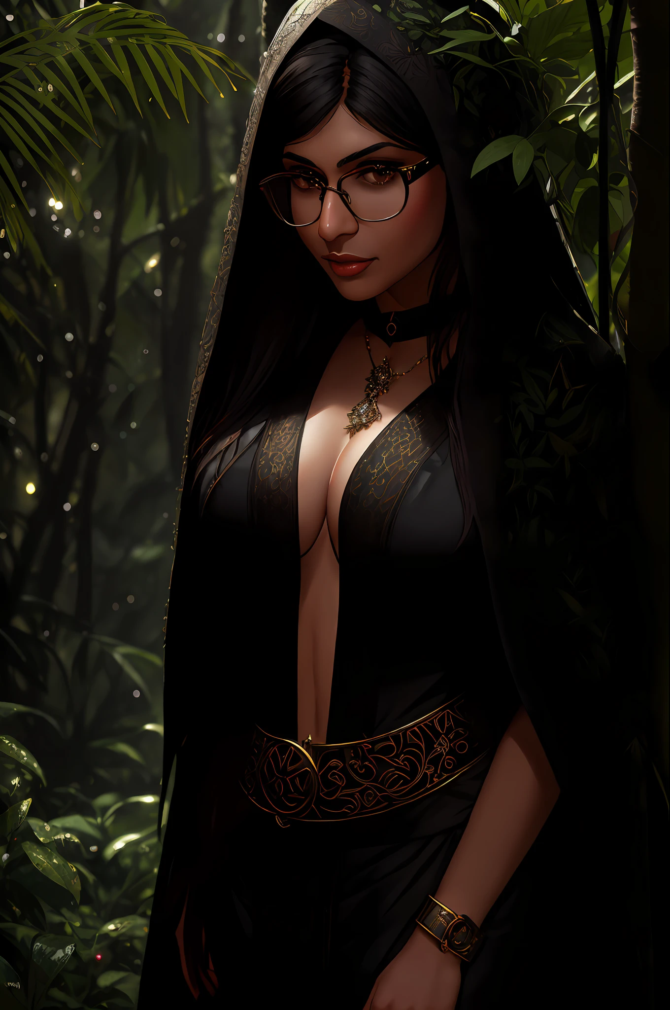 Mia Khalifa standing with sexy adventurer clothes, close up, a jungle, with intense rainfall, monochromatic, vines all around, giant and wet trees, masterpiece, best quality, high quality, extremely detailed CG unity 8k wallpaper, oil paiting, award winning photography, Bokeh, Depth of Field, HDR, bloom, Chromatic Aberration ,Photorealistic,extremely detailed, trending on artstation, trending on CGsociety, Intricate, High Detail, dramatic, art by midjourney, volumetric lighting