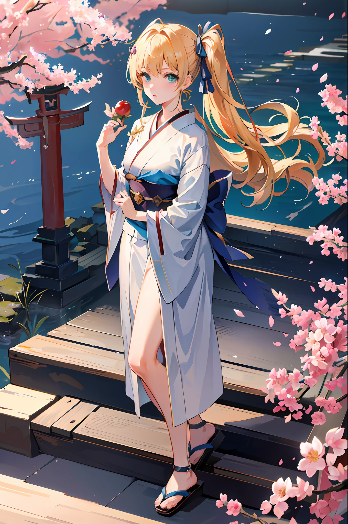 (((masterpiece: 1,5, best quality, high resolution, super resolution, ultra detailed: 1,5, rich background: 1,4))), (close up), 1girl, solo, green eyes, blonde long hair tied with blue ribbon, blunt bangs, highschool girl, medium breast, japanese clothes, (blue short pattern kimono), sandals, ribbon, obi, ((outdoor)), cherry blossom, (torii gate), stone staircase, sky (afternoon), cherry blossoms fall, ((dramatic light: 1,3)), cloudy, (fuji scenery)