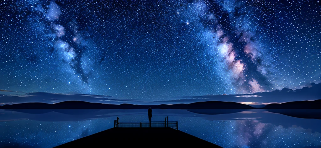 starry sky with a person standing on a dock looking at the stars, starry sky 8 k, starry sky, night sky photography, stars reflecting on the water, astrophotography, stary sky, starry, astrophotgraphy, starry skies, blue hour stars, stars and planets visible, nightsky, starlit sky, starlit night sky, star lit sky