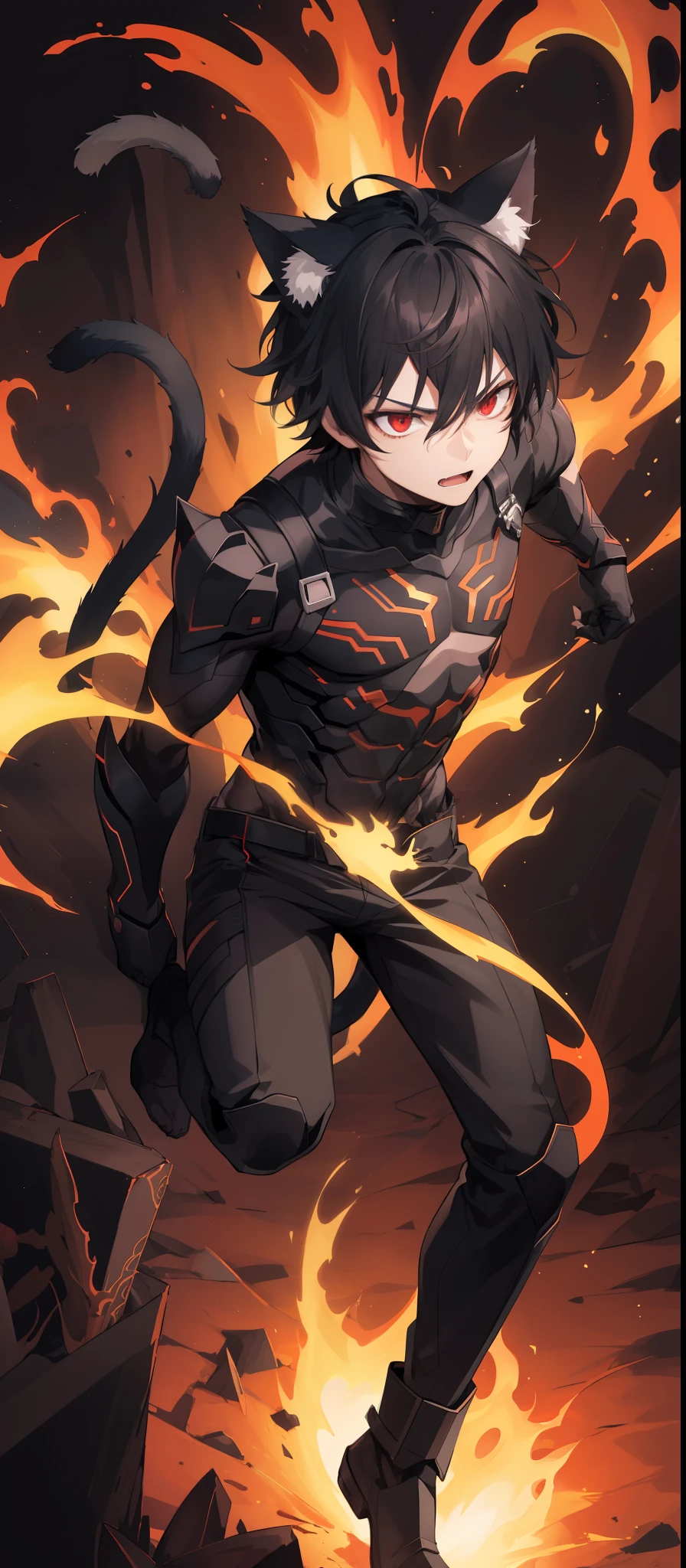 1boy, toned, sharp cat ears, cat tail, dark black messy hair, wide dark red eyes, fire powers, HD, masterpiece, vibrant, black boots, dead expression, black armor, full body view, horror, cosmic