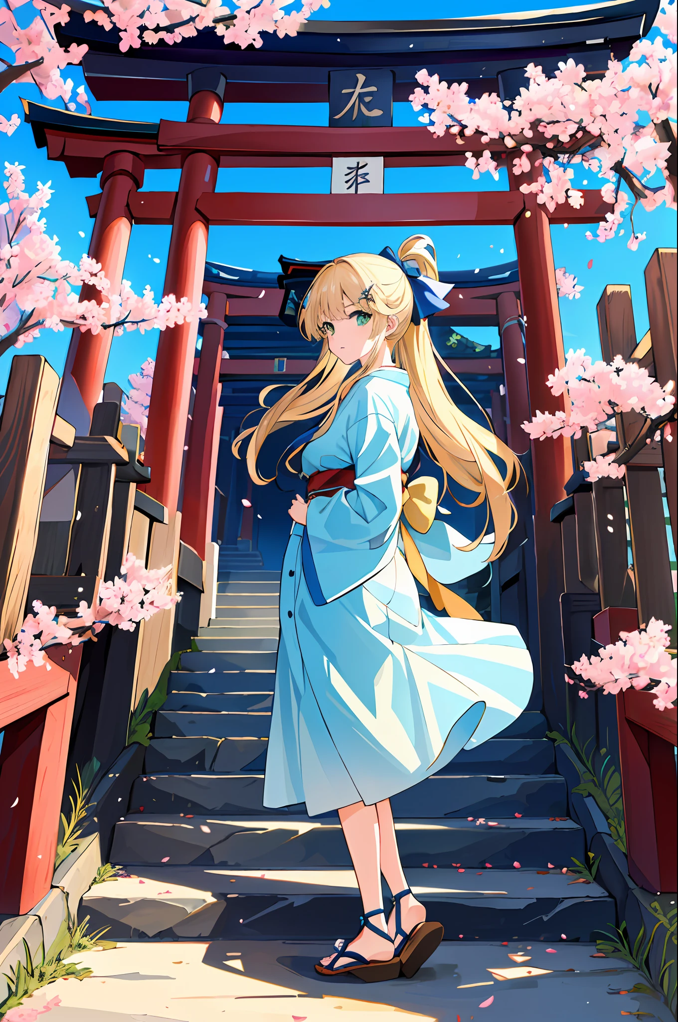 (((masterpiece: 1,5, best quality, high resolution, super resolution, ultra detailed: 1,5, rich background: 1,4))), (close up), 1girl, solo, green eyes, blonde long hair tied with blue ribbon, blunt bangs, highschool girl, medium breast, japanese clothes, (blue short pattern kimono), sandals, ribbon, obi, ((outdoor)), cherry blossom, (torii gate), stone staircase, sky (afternoon), cherry blossoms fall, ((dramatic light: 1,3)), cloudy, (fuji scenery)