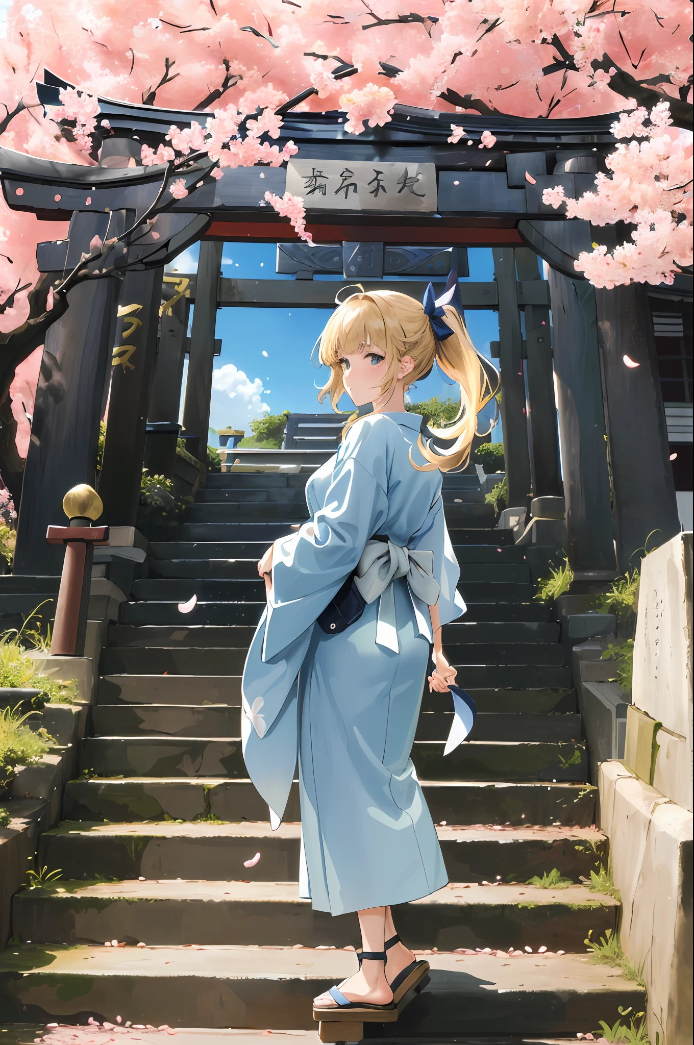 (((masterpiece: 1,5, best quality, high resolution, super resolution, ultra detailed: 1,5, rich background: 1,4))), (close up), 1girl, solo, green eyes, blonde long hair tied with blue ribbon, blunt bangs, highschool girl, medium breast, japanese clothes, (blue short pattern kimono), sandals, ribbon, obi, ((outdoor)), cherry blossom, (torii gate), stone staircase, sky (afternoon), cherry blossoms fall, ((dramatic light: 1,3)), cloudy, (fuji scenery)