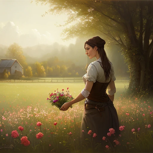 oil painting style, a woman picking flowers on a country farm, by Bastien Lecouffe-Deharme