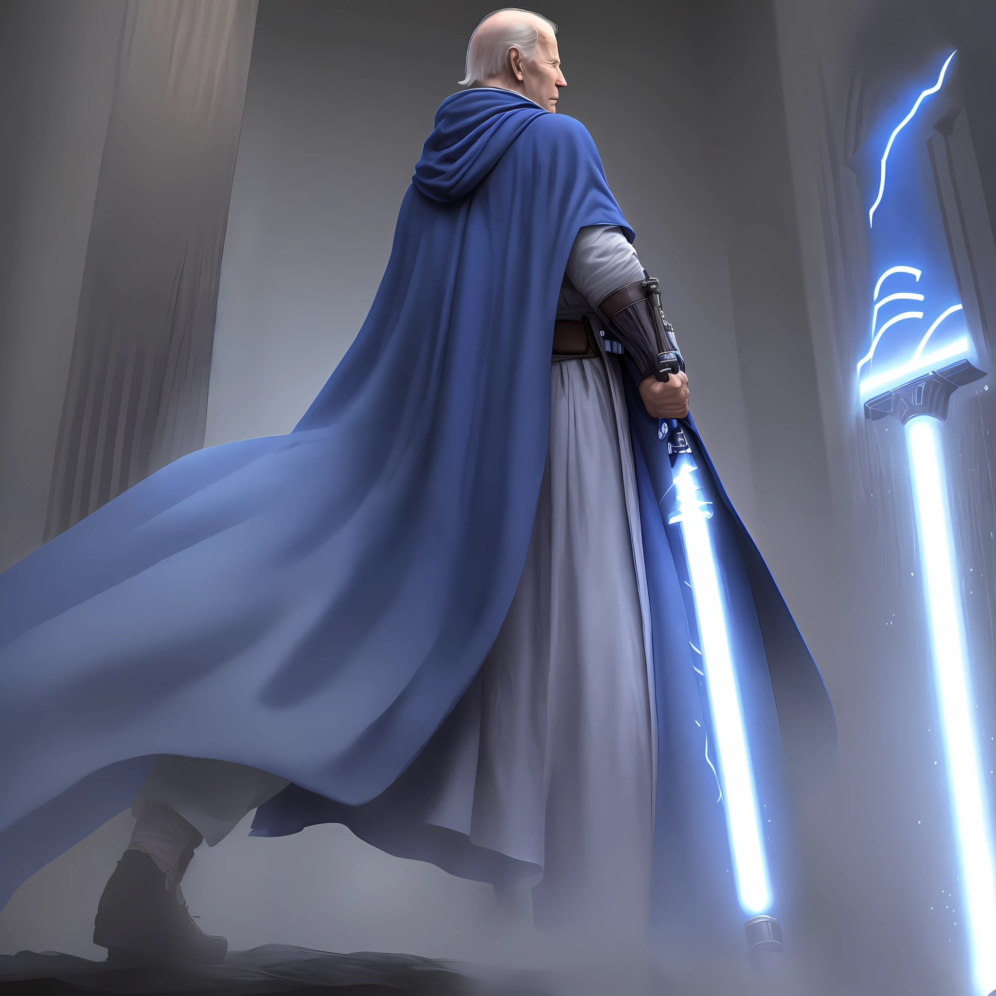 Joe Biden, Jedi Knight, body view from head to knees, jedi robes, big blue cape, holding a lightsaber by the lightsaber hilt in right hand