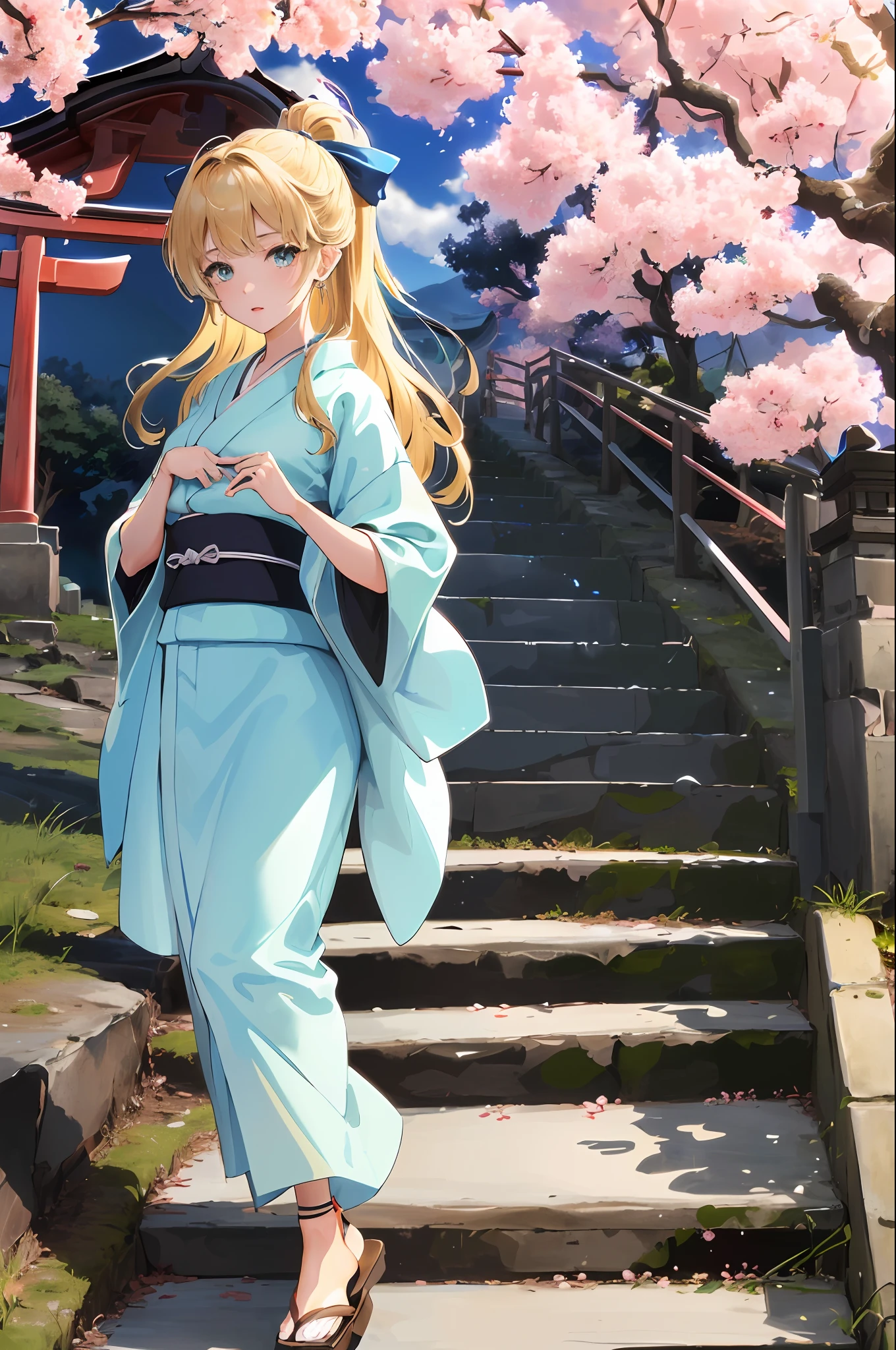 (((masterpiece: 1,5, best quality, high resolution, super resolution, ultra detailed: 1,5, rich background: 1,4))), (close up), 1girl, solo, green eyes, blonde long hair tied with blue ribbon, blunt bangs, highschool girl, medium breast, japanese clothes, (blue short pattern kimono), sandals, ribbon, obi, ((outdoor)), cherry blossom, (torii gate), stone staircase, sky (afternoon), cherry blossoms fall, ((dramatic light: 1,3)), cloudy, (fuji scenery)