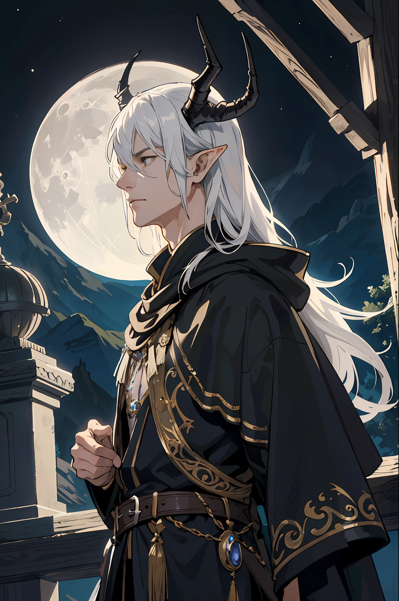 masterpiece, best quality, 1 male, adult, tall muscular, handsome, finely detailed eyes, intricate details, extremely detailed CG unity 8k wallpaper, ((high fantasy medieval setting)), ((royalty)), dragon disguised as human, hair, silver hair, white eyes, moon, castle, night, solo, dragon horns, outdoors, sky, full moon, serious expression, dark atmosphere, shadows, realistic lighting, elegant, black robe, gold details, mythology, adult, elf ears