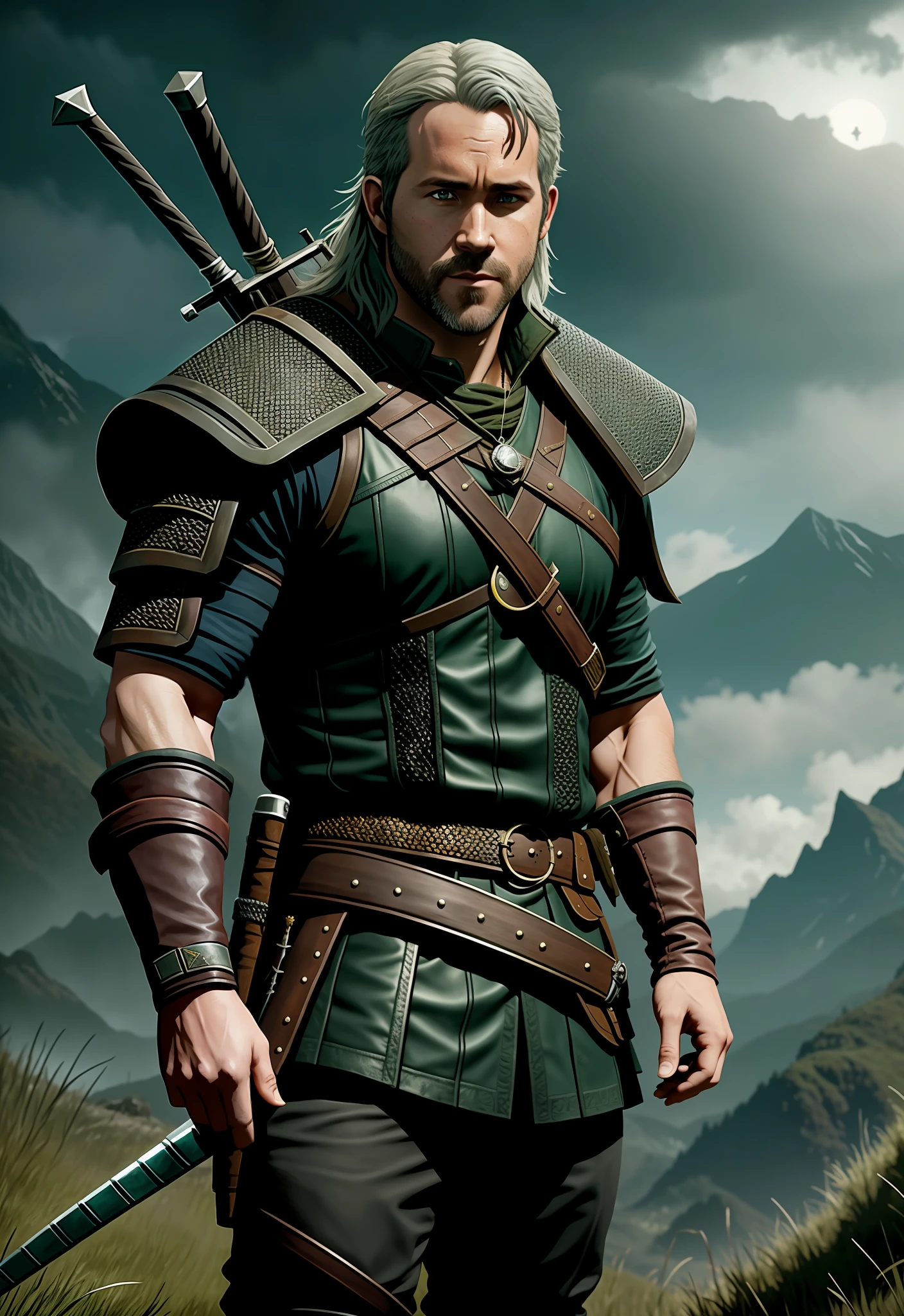 Ryan Reynolds as Witcher Eskel in style of Greg Rutkowski