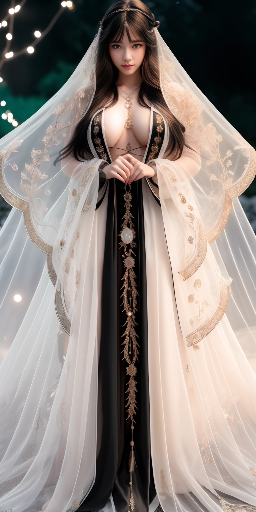 best quality, masterpiece, highres, 1girl, sexy transparent white lace nightgown, hair ornament, necklace, jewelry, transparent mini skirt, long hair, earrings, detailed beautiful eyes,detailed eyelash, Beautiful face, full body portrait, tyndall effect,photorealistic, rim lighting, two tone lighting,(high detailed skin:1.2), 8k uhd, dslr, soft lighting, high quality, volumetric lighting, candid, Photograph, high resolution, 4k, 8k, Bokeh, in garden, falling snow, winter, (gigantic breasts:1), show Panties, (((black long hair)))