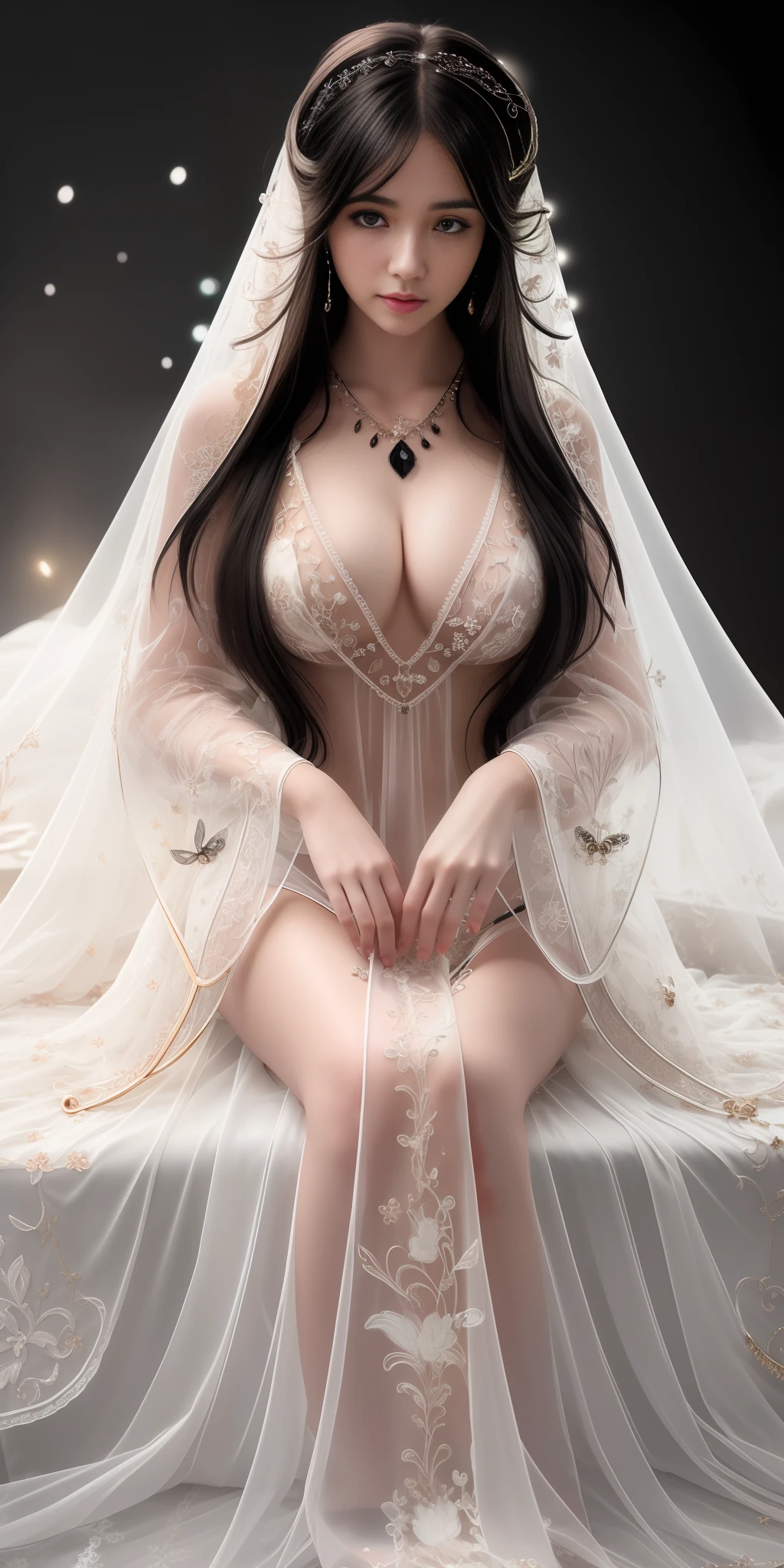 best quality, masterpiece, highres, 1girl, sexy transparent white lace nightgown, hair ornament, necklace, jewelry, transparent mini skirt, long hair, earrings, detailed beautiful eyes,detailed eyelash, Beautiful face,full_body, tyndall effect,photorealistic, rim lighting, two tone lighting,(high detailed skin:1.2), 8k uhd, dslr, soft lighting, high quality, volumetric lighting, candid, Photograph, high resolution, 4k, 8k, Bokeh, in garden, falling snow, winter, (gigantic breasts:1), show Panties, (((black long hair))), (sitting on the floor), full body portrait, under wear angle shot