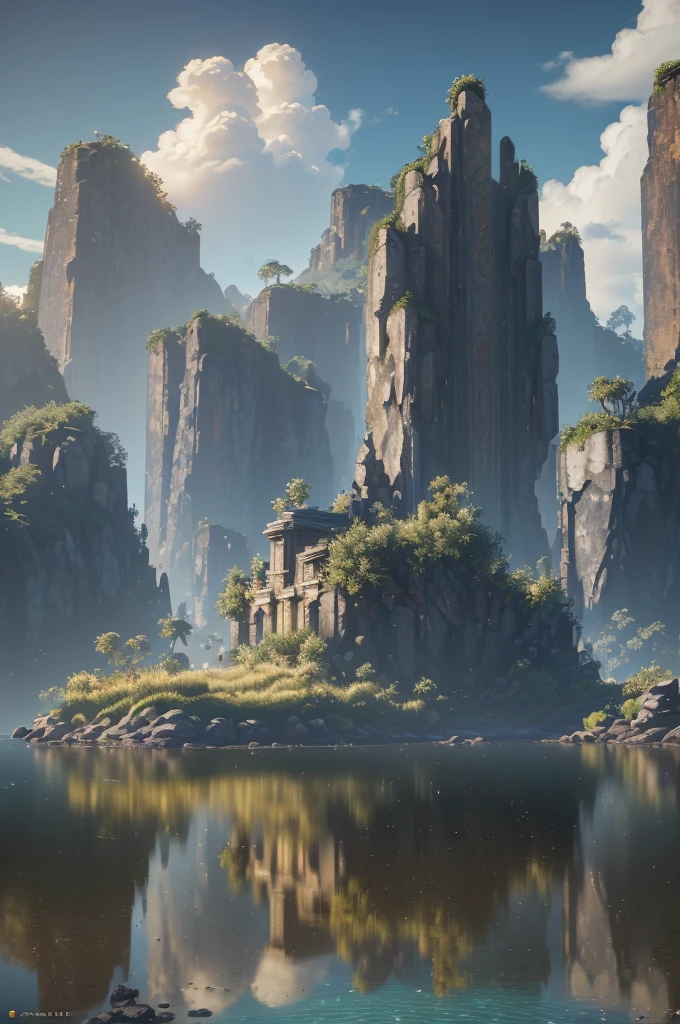 (8k, RAW photo, best quality, masterpiece:1.2), (realistic, photo-realistic:1.37), octane render, ultra high res, ultra-detailed , professional lighting, photon mapping, radiosity, physically-based rendering, ue5, ((island sanctuary)), ((ancient fallen kingdom)), ((reflections in water)), ((raytracing)), ((crystal structure))