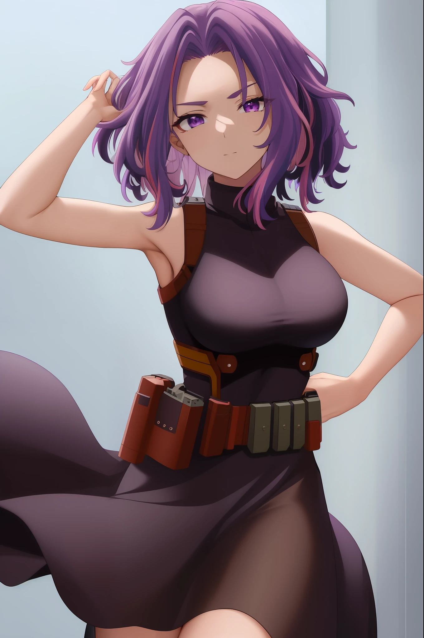 scan, (extremely detailed CG unity 8k wallpaper:1.1), highres, (1girl), lady nagant, boku no hero academia, (purple hair), (multicolored hair), (purple eyes), black dress, sleeveless, breasts, belt