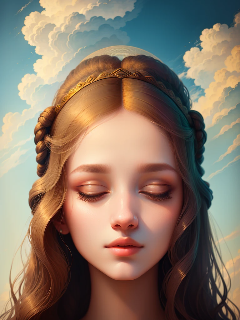 "An ethereal beauty slumbers peacefully on fluffy clouds, paying homage to the iconic artwork of Leonardo da Vinci with her perfect features, beautiful lips, and serene expression."