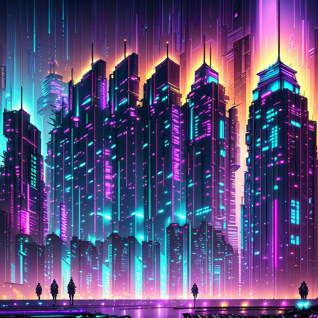 Battle Rages On cyber punk, digital painting, digital illustration, extreme detail, digital art, 4k, ultra hd, beautiful city at night, long exposure city at night photography, full-color, urban street photography, nightlife, synthwave, cityscape, hd photography, digital art, 4k, futuristic, dystopian, albert bierstadt