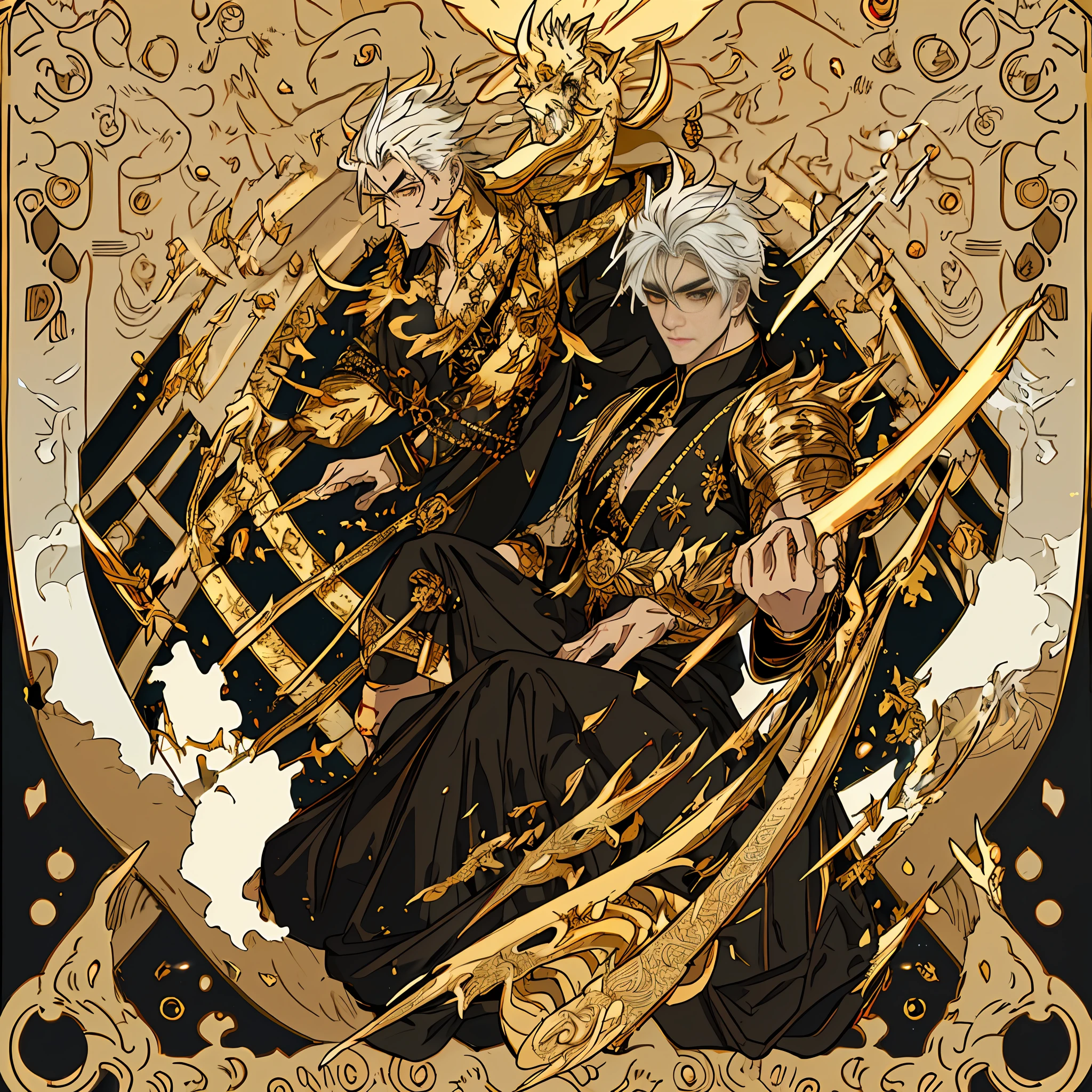 half-dragon, male, man, gold scales, gold and black, gold eyes, black nair, claws, splash art