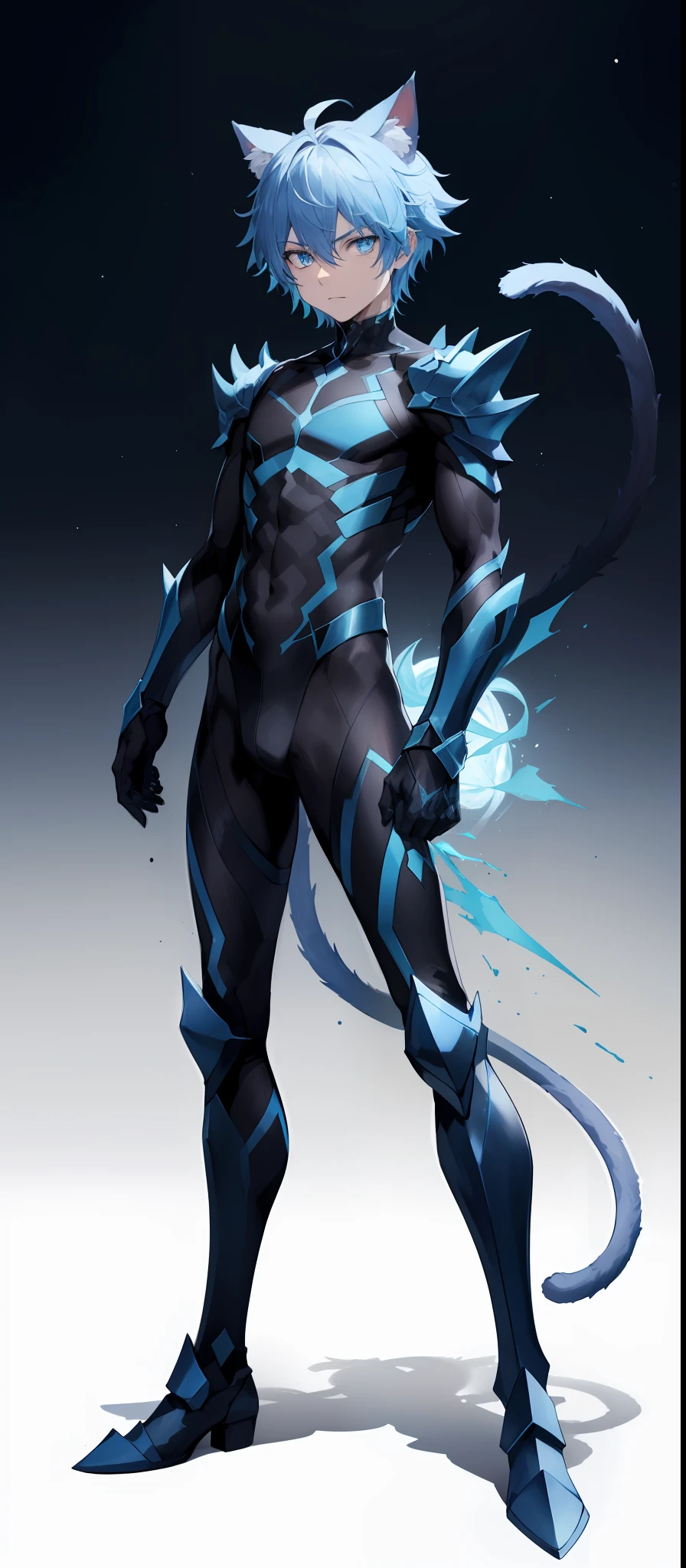 1boy, toned, sharp cat ears, cat tail, ice blue messy hair, wide dark blue eyes, ice powers, HD, masterpiece, vibrant, black boots, dead expression, dark blue armor, full body view, horror, cosmic