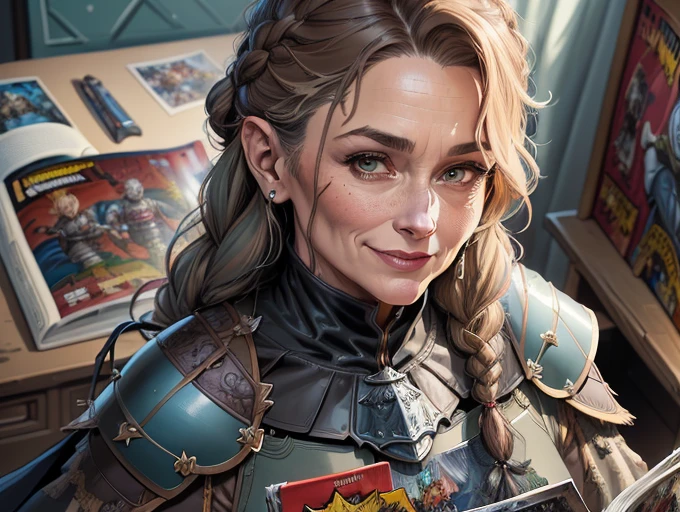 Bird's Eye View  detailed ((dnd knight middle aged woman  portrait)), happy, HD, (oil painting:1.1), (comic book art style:1.5),(inked outline:1.3), Stunning, Character, Portrait, (((Looking Sideways))), angular features, (darkbrown Braids Hair),  (muted natural colors:1.3) in painterly style by Thierry Doizon , splash art