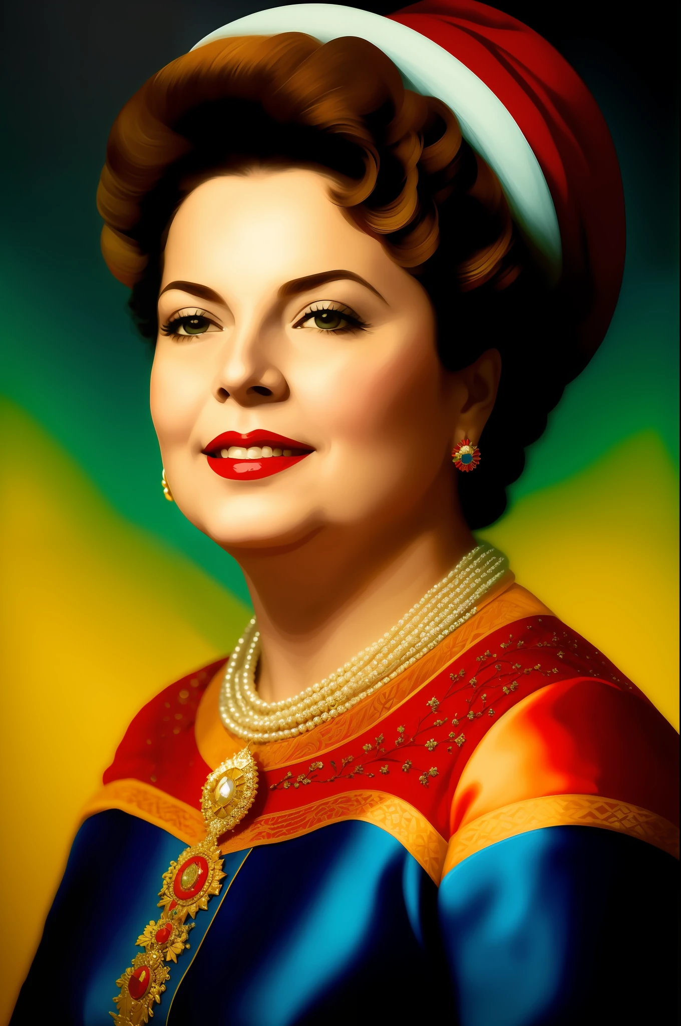 arafed portrait of a woman with a red hat and blue dress, president of brazil, inspired by Maria Helena Vieira da Silva, by Maria Helena Vieira da Silva, inspired by Antônio Parreiras, by Almada Negreiros, fan art, by Ignacio Zuloaga, by Julio Gonzalez