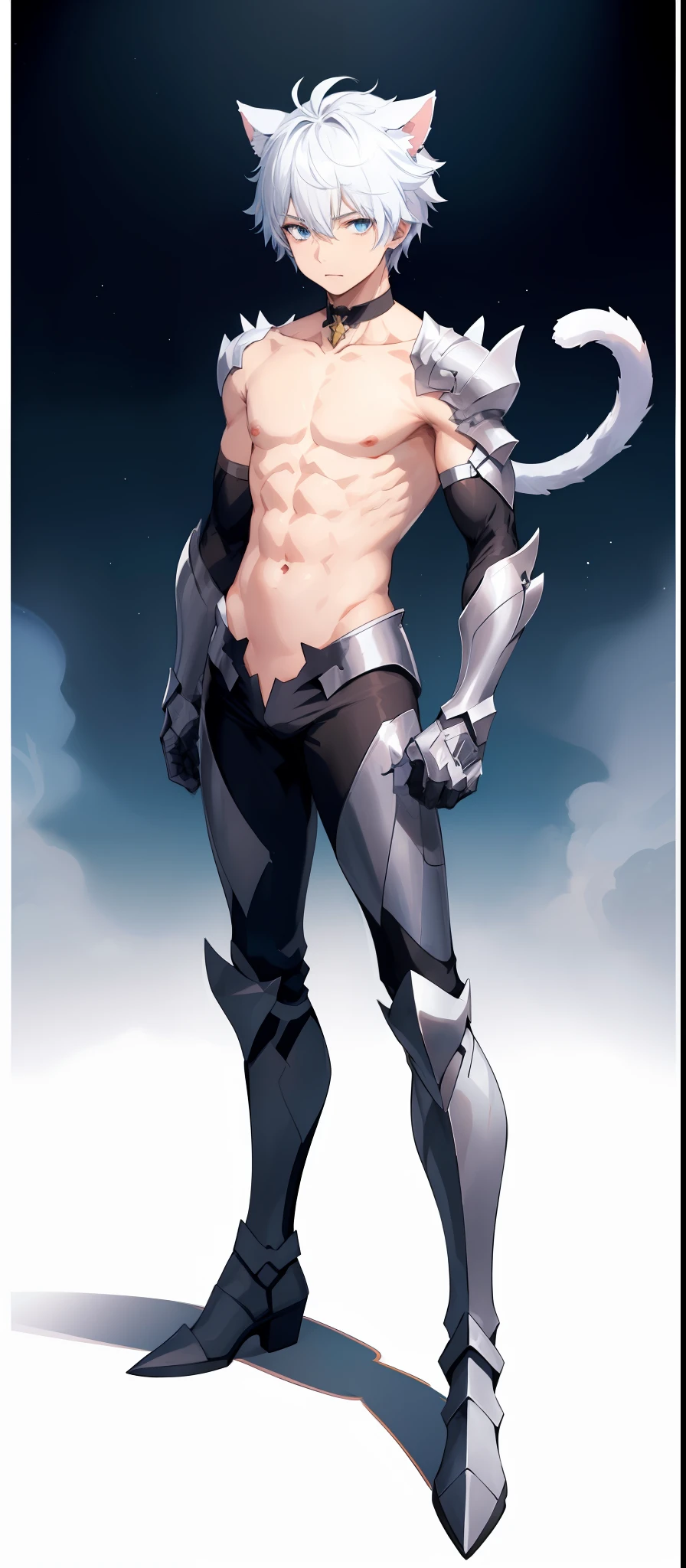 1boy, toned, sharp cat ears, cat tail, white messy hair, wide sky blue eyes, divine powers, HD, masterpiece, vibrant, black boots, dead expression, dull white armor, full body view, horror, cosmic, topless